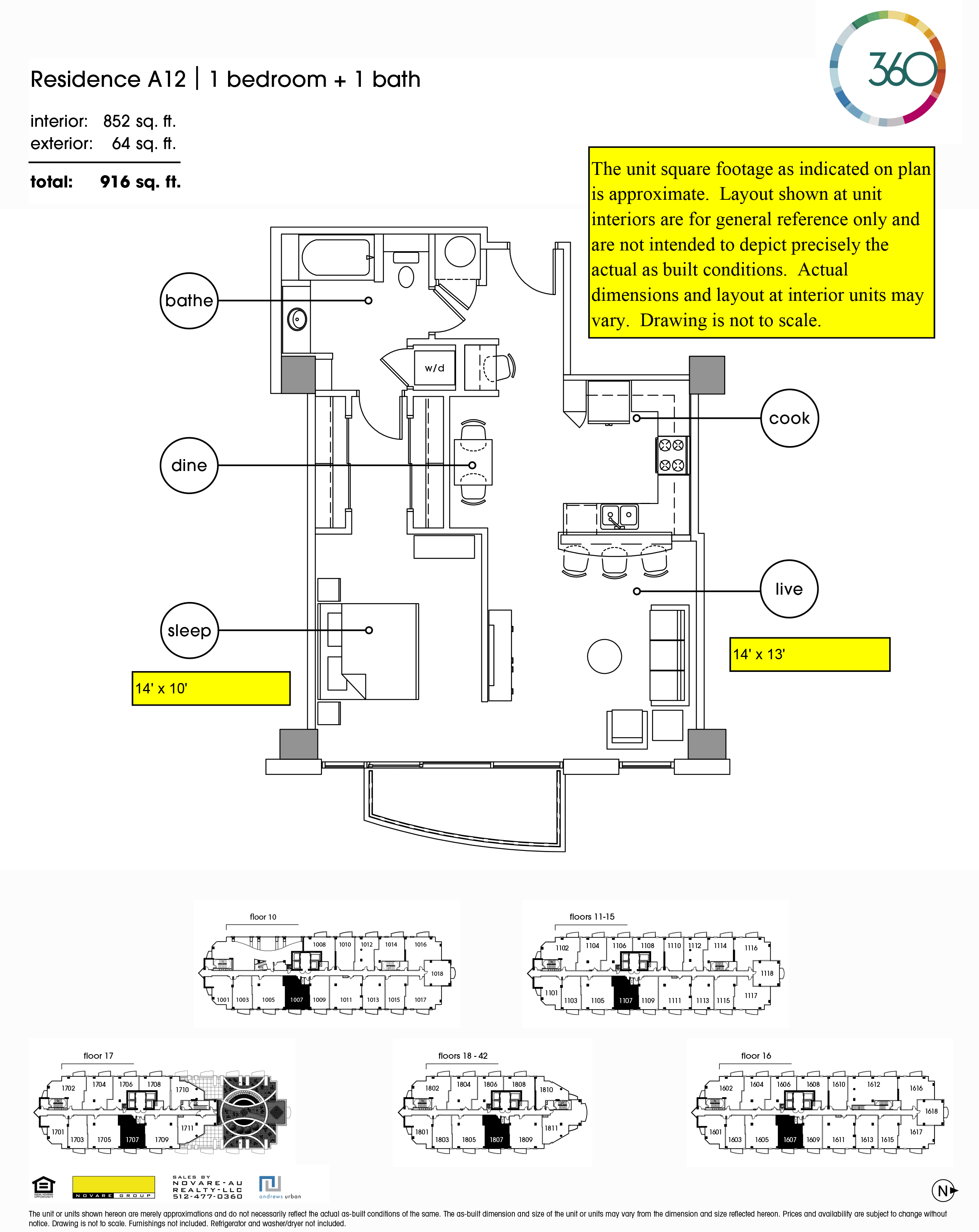 A12 floor plan — 1 bed, 852 SF