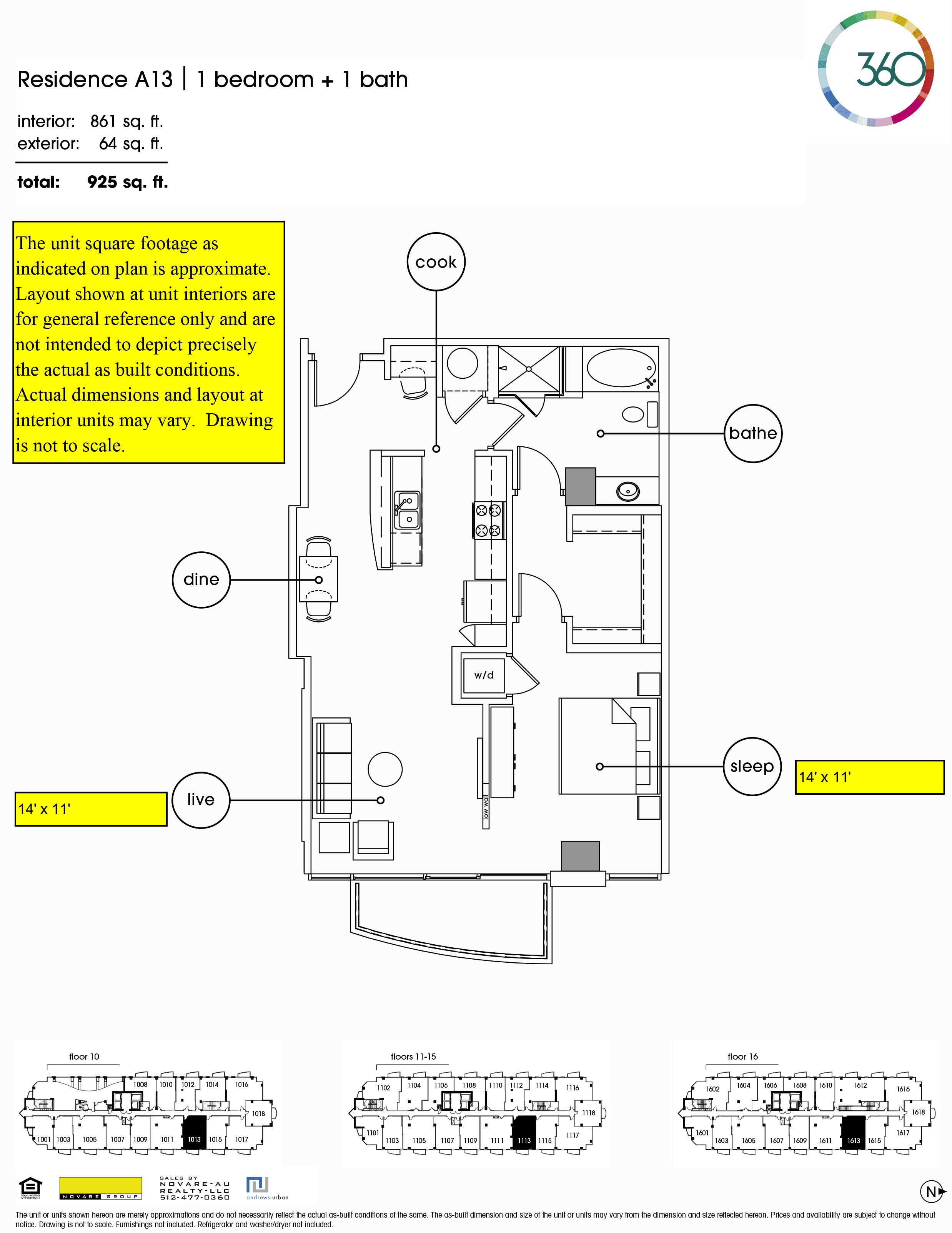 A13 floor plan — 1 bed, 861 SF