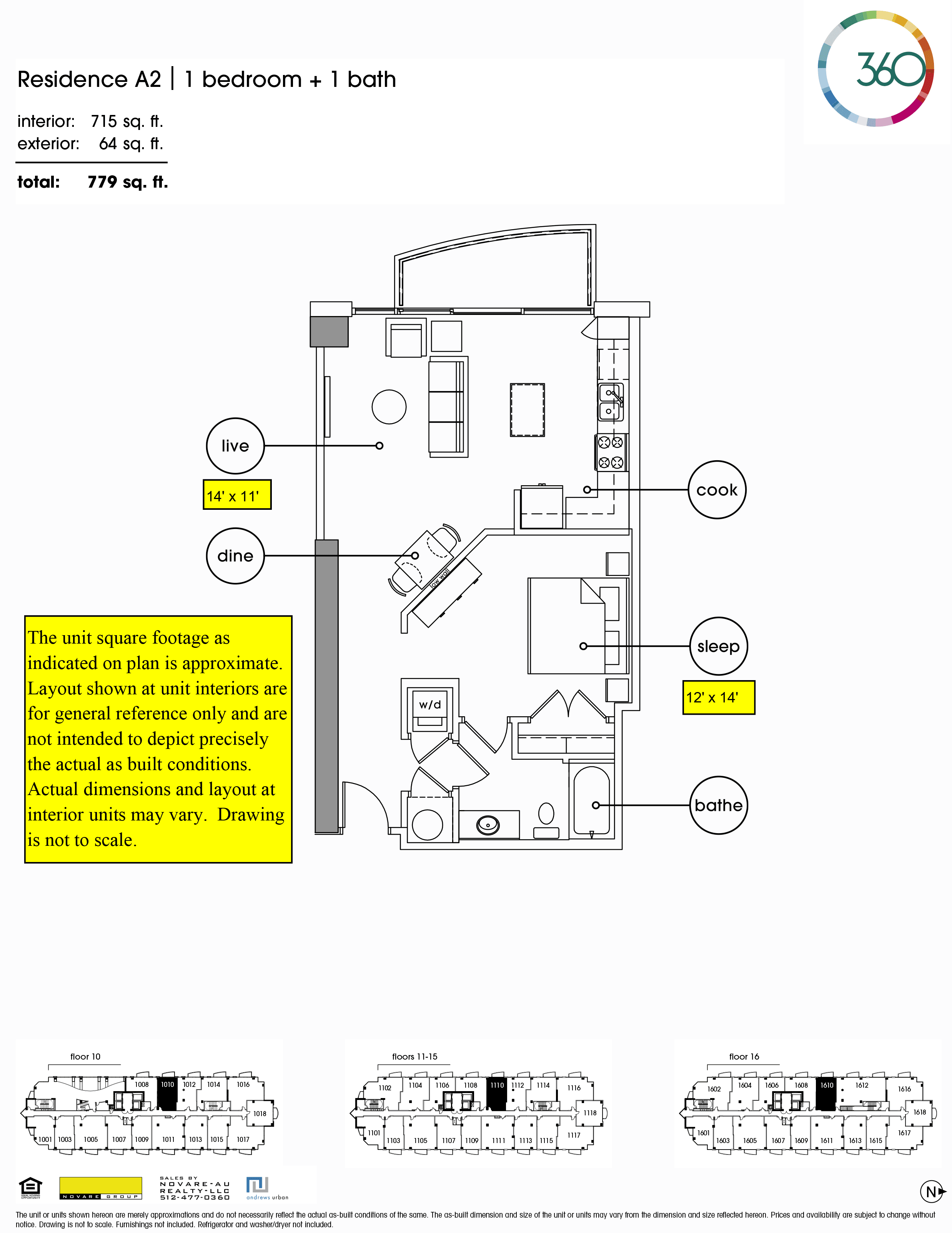 A2 floor plan — 1 bed, 715 SF