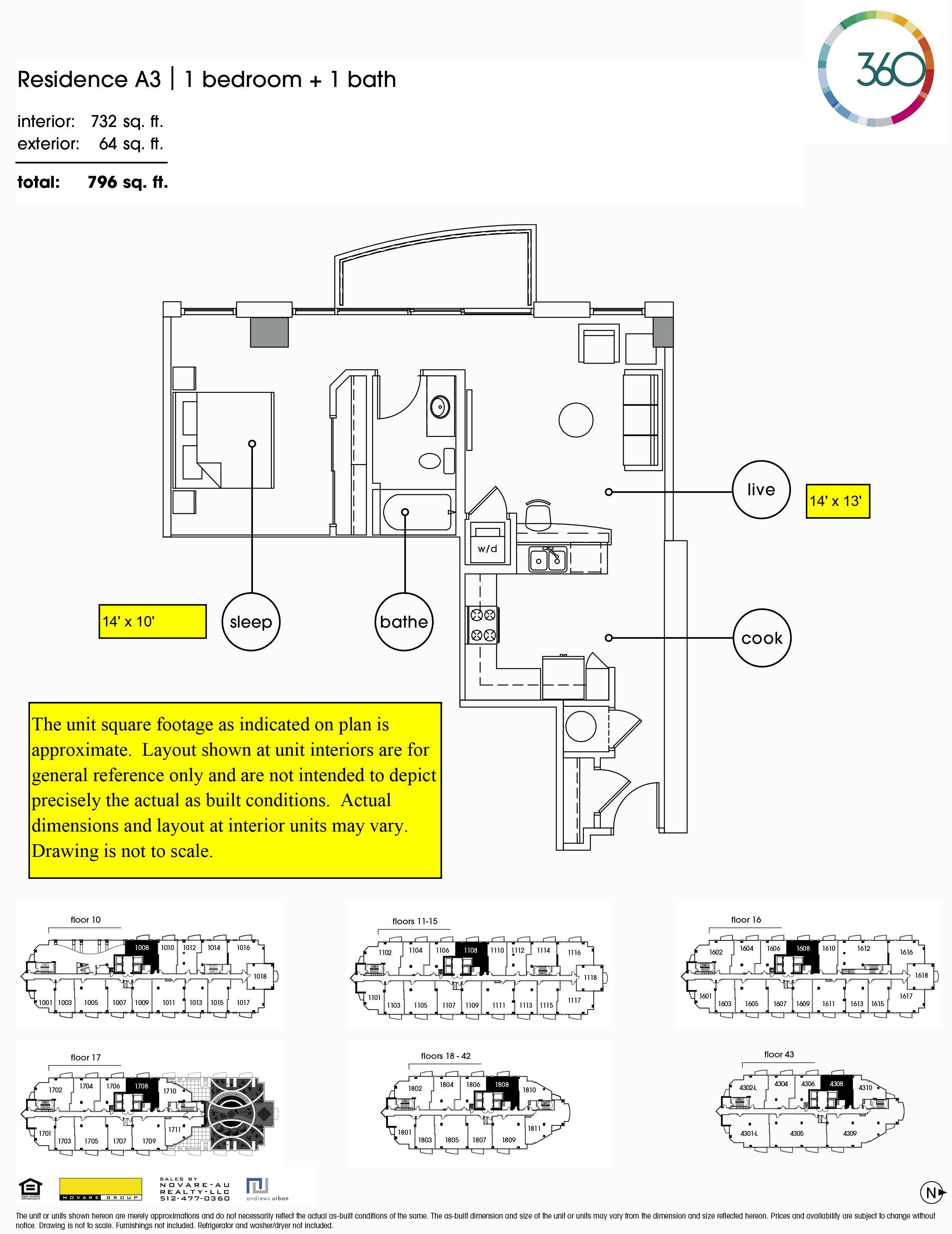 A3 floor plan — 1 bed, 732 SF