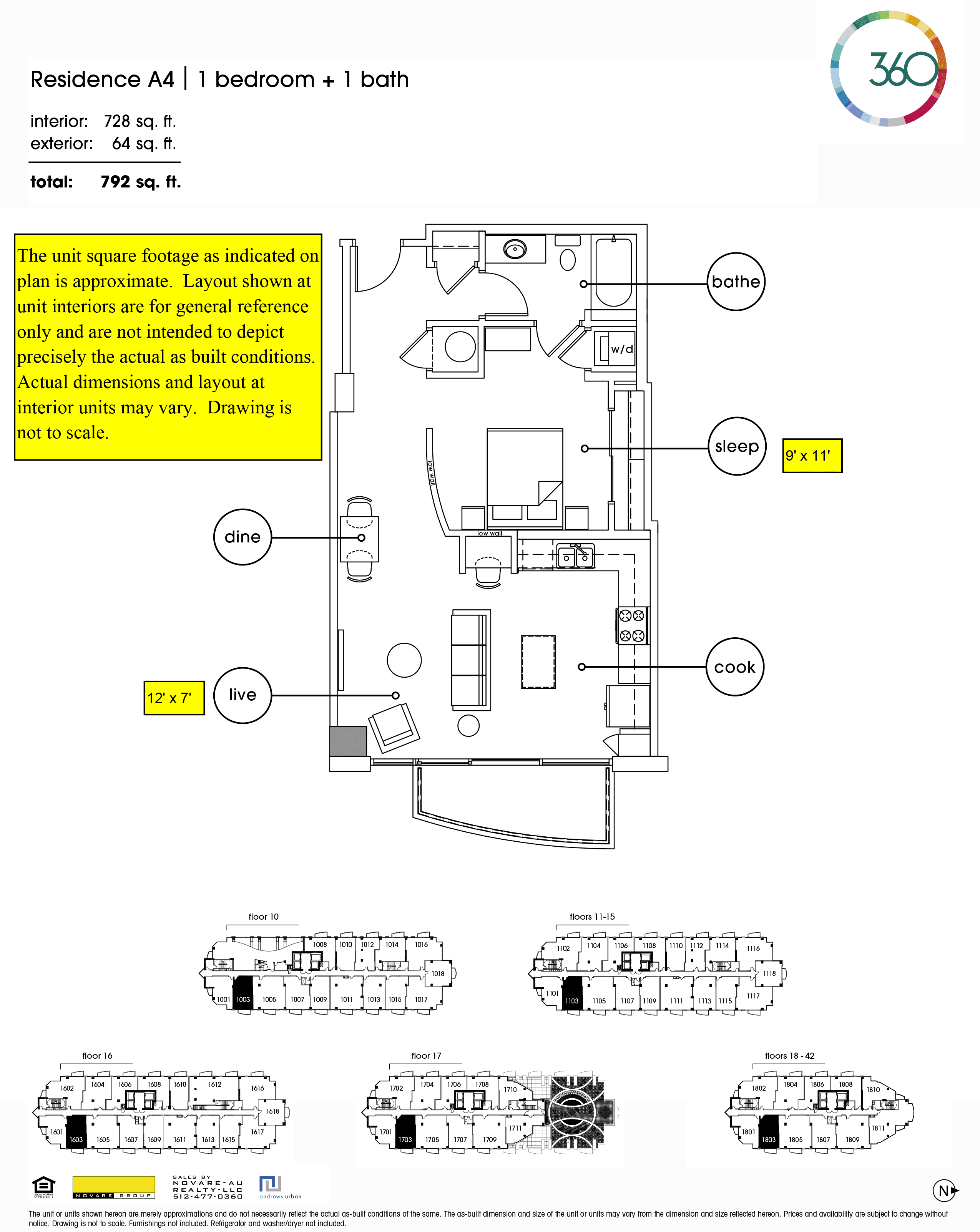 A4 floor plan — 1 bed, 728 SF