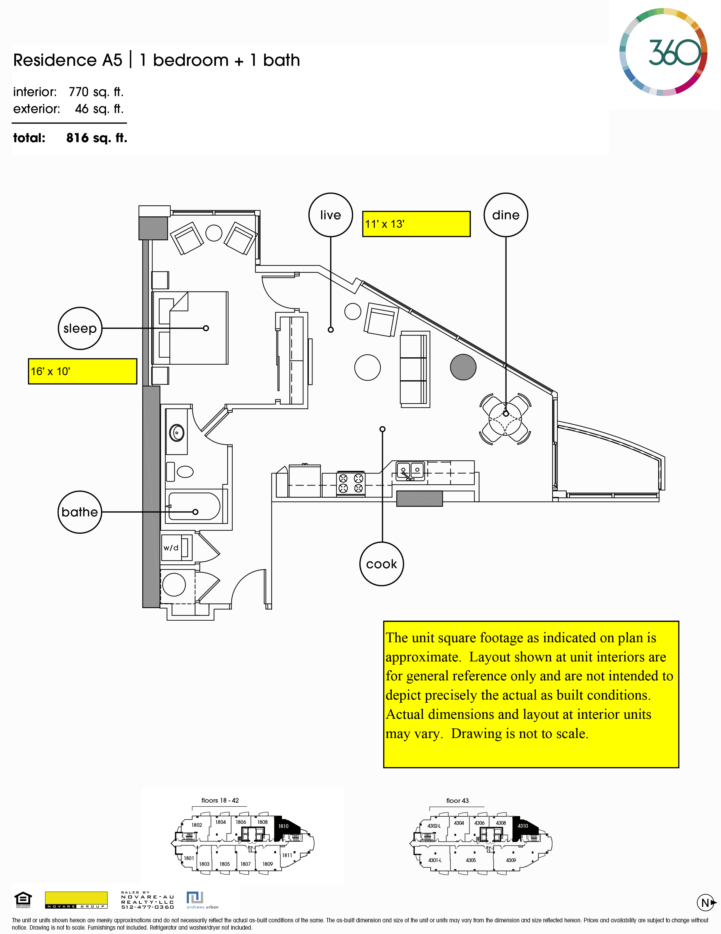 360 Condominiums A5 floor plan - 1 bed, 770 SF
