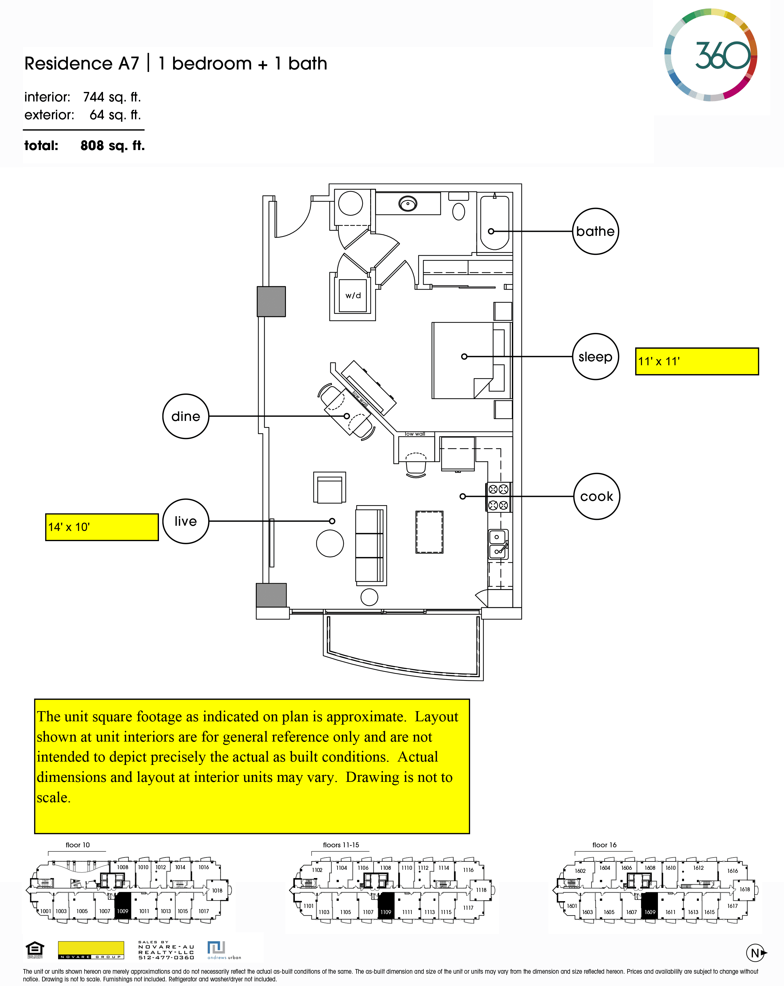 360 Condominiums A7 floor plan - 1 bed, 744 SF