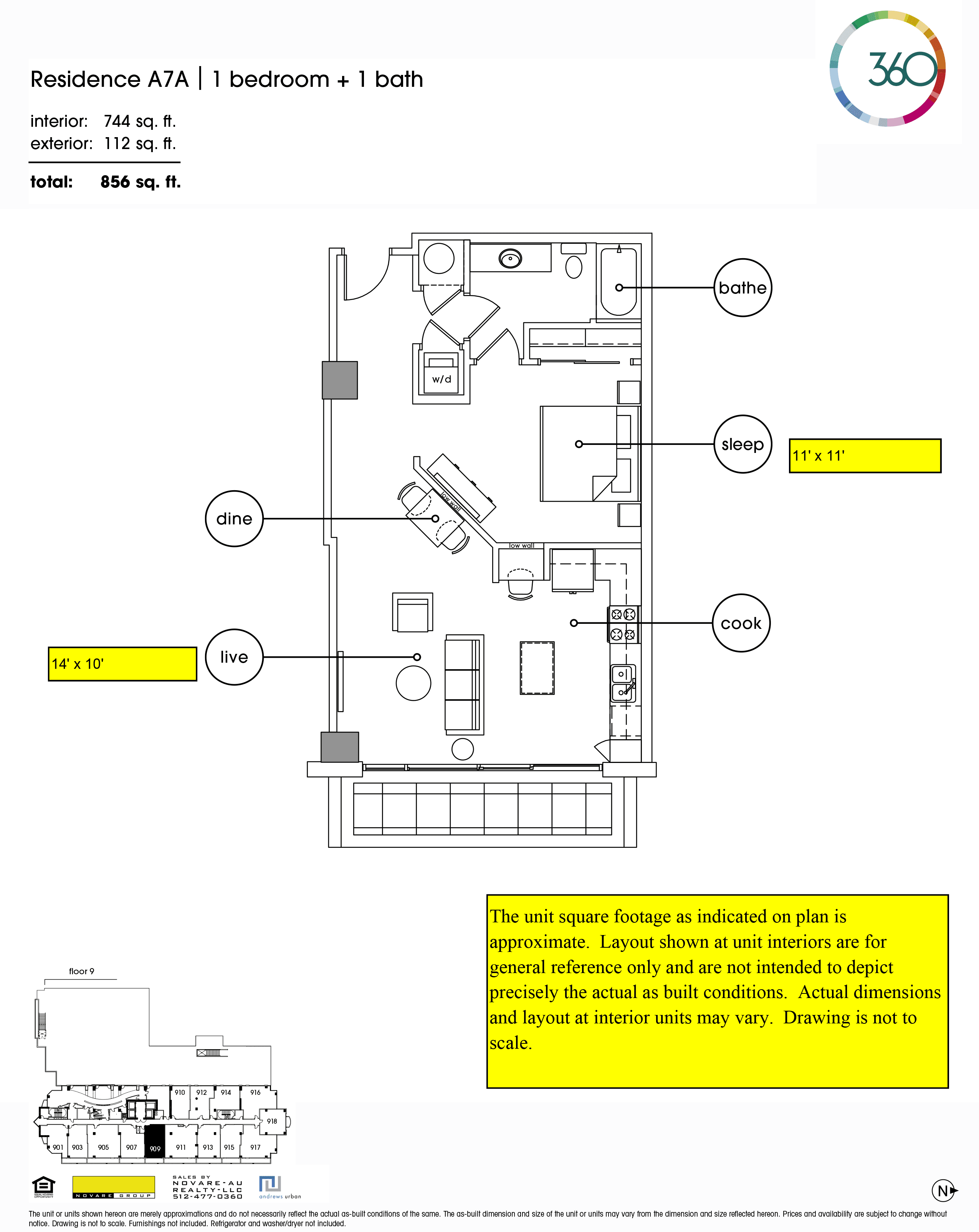 360 Condominiums A7A floor plan - 1 bed, 744 SF