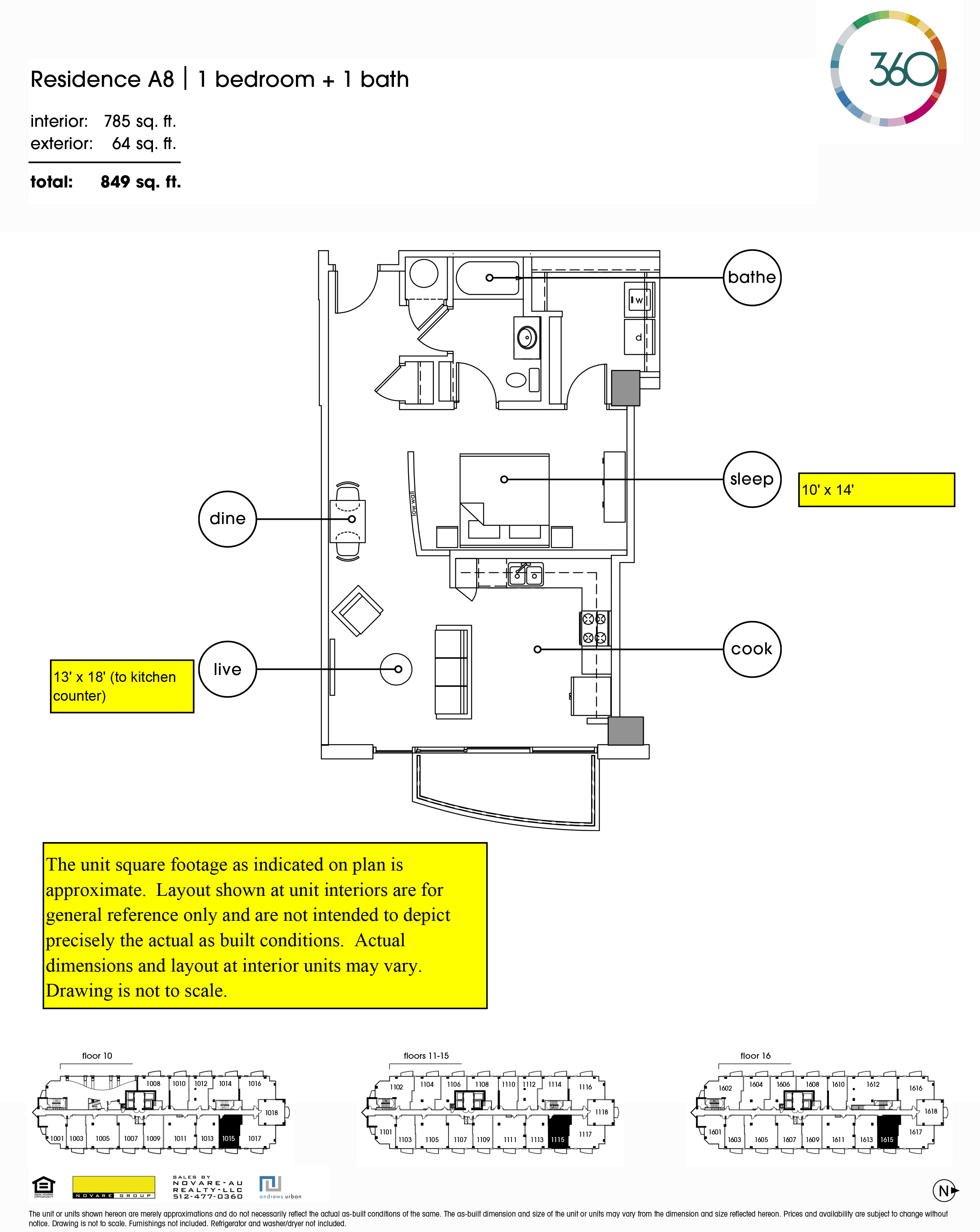 360 Condominiums A8 floor plan - 1 bed, 785 SF