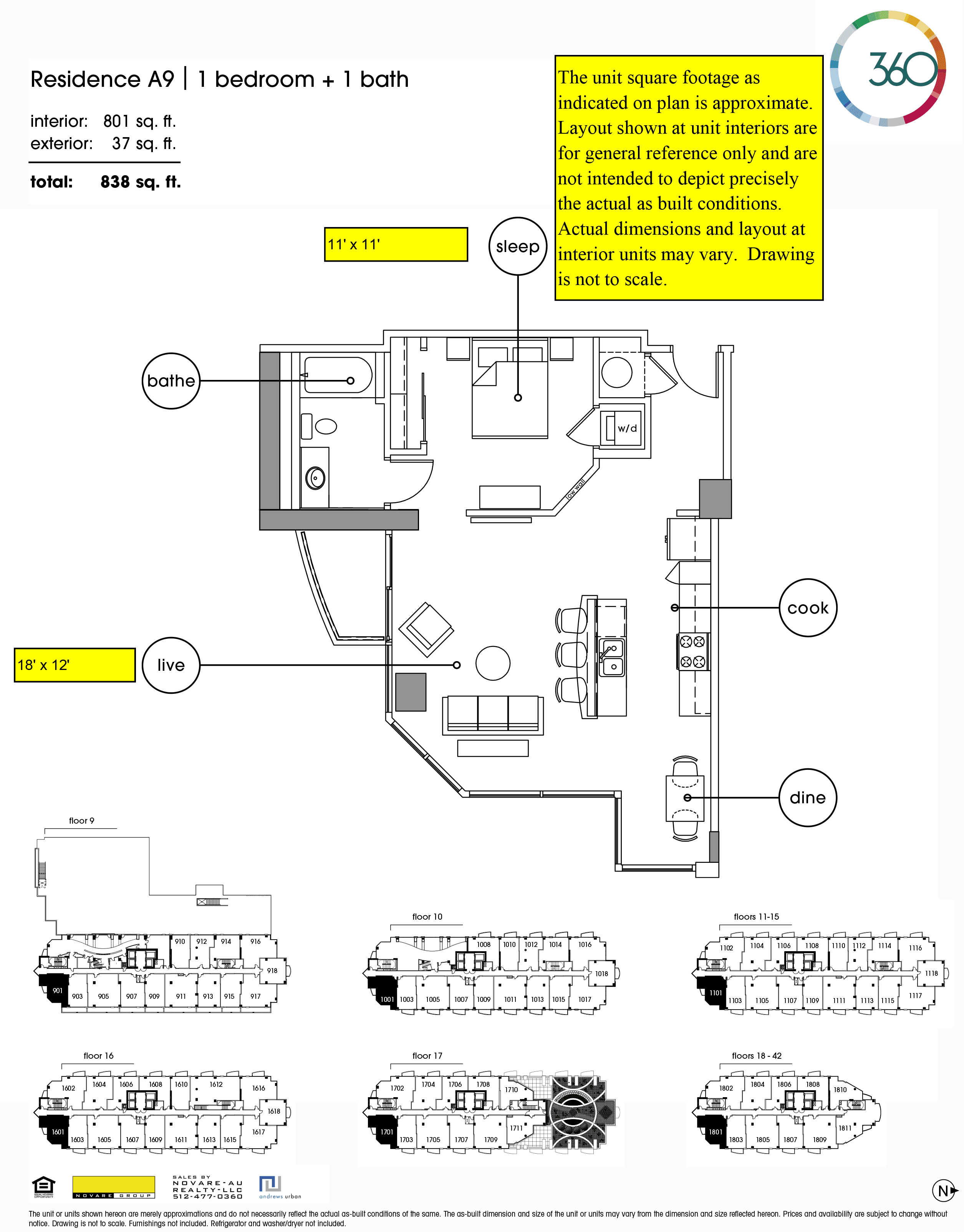 360 Condominiums A9 floor plan - 1 bed, 801 SF
