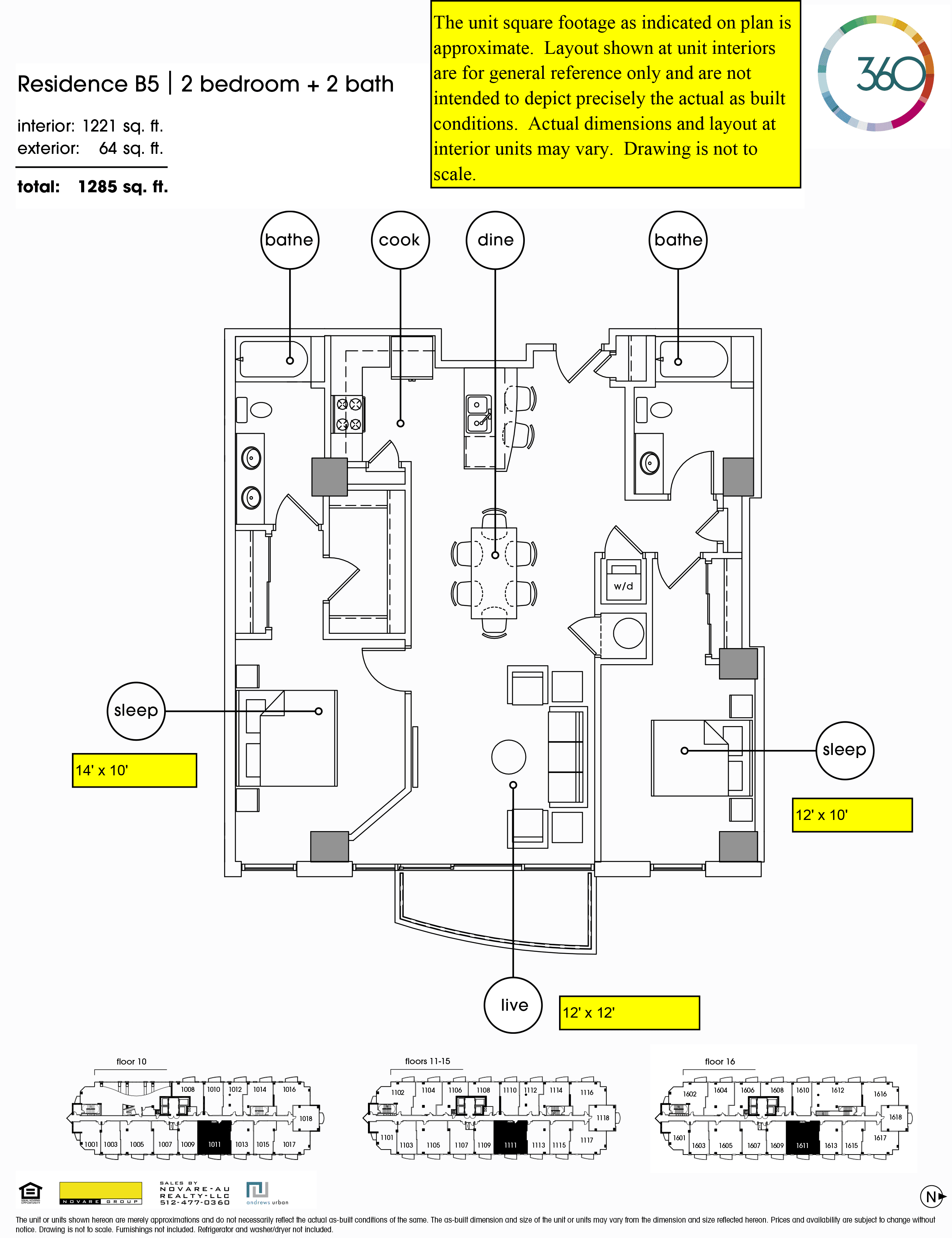 360 Condominiums B5 floor plan - 2 bed, 1221 SF