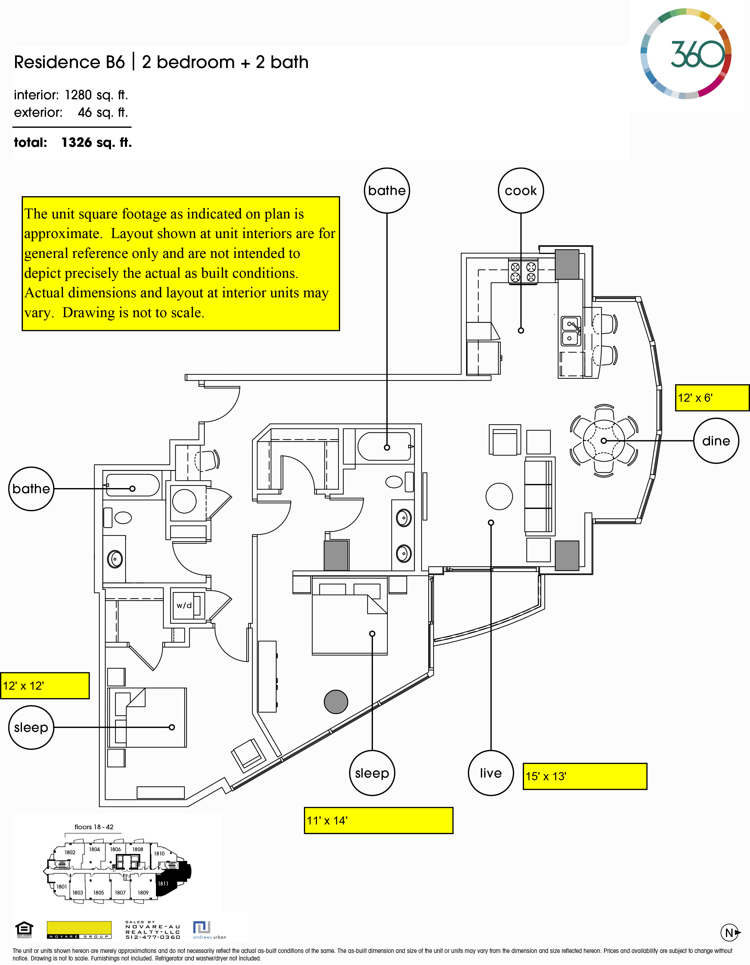 360 Condominiums B6 floor plan - 2 bed, 1280 SF