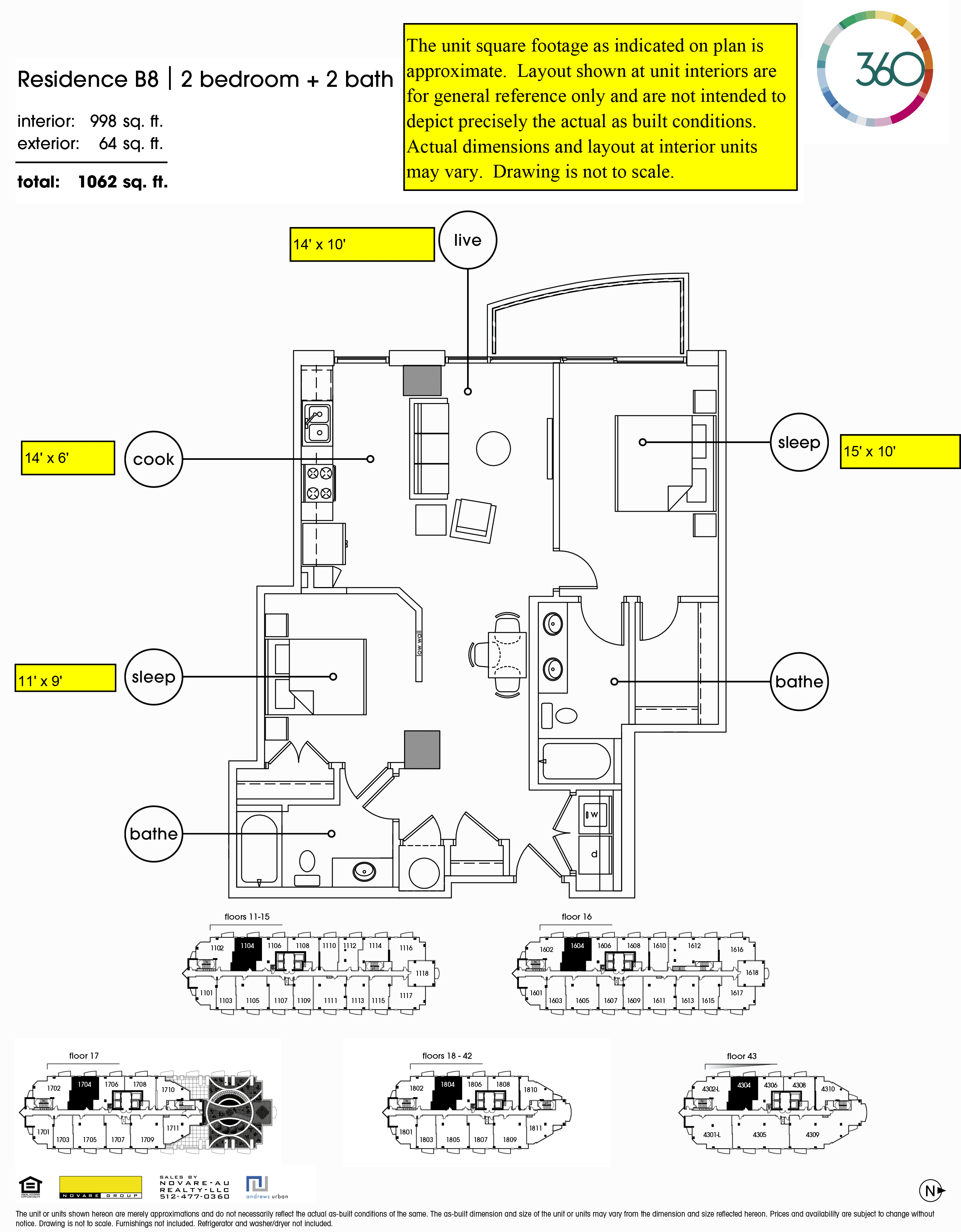 360 Condominiums B8 floor plan - 2 bed, 998 SF