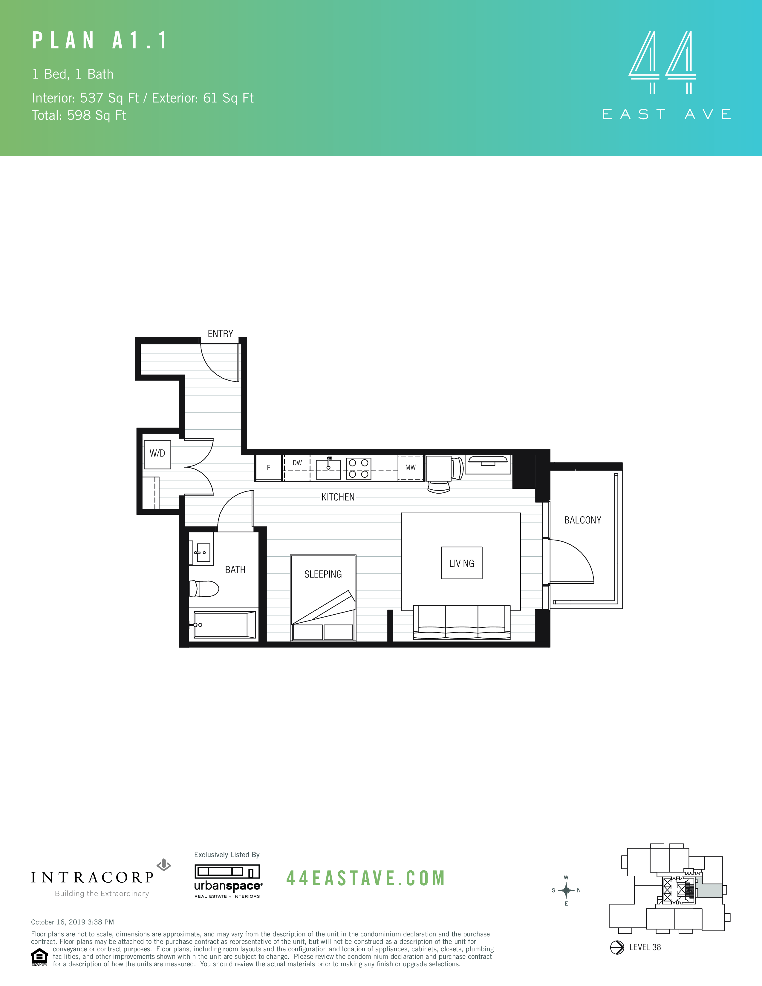 A1.1 floor plan — 0 bed, 537 SF