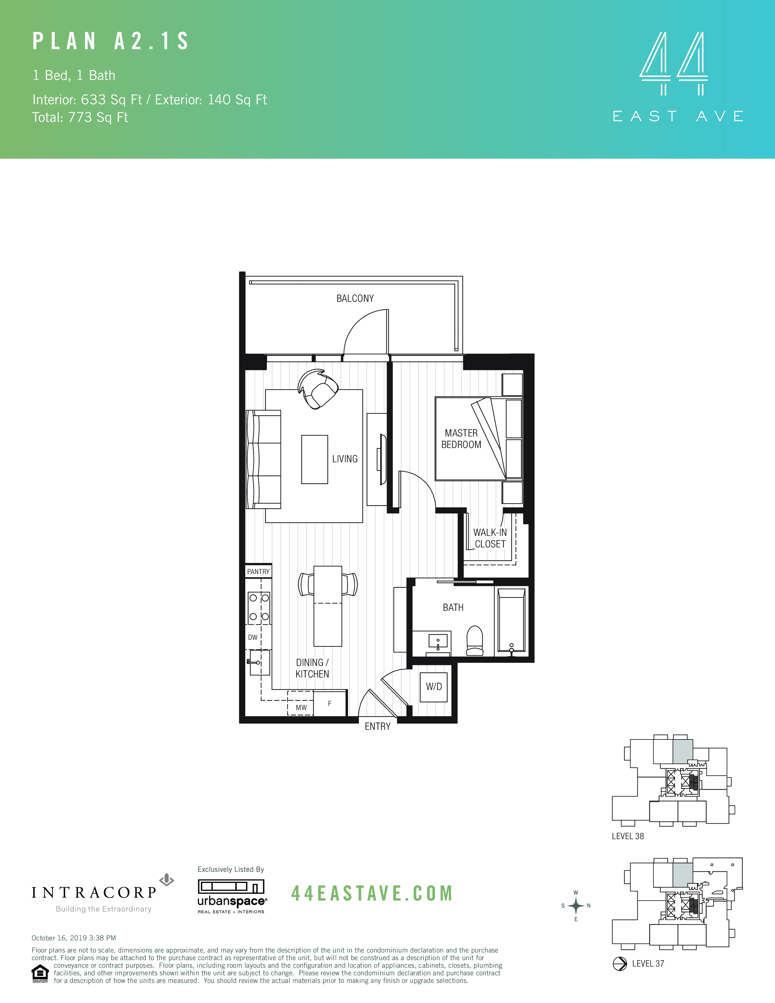 44 East A2.1S floor plan - 1 bed, 633 SF