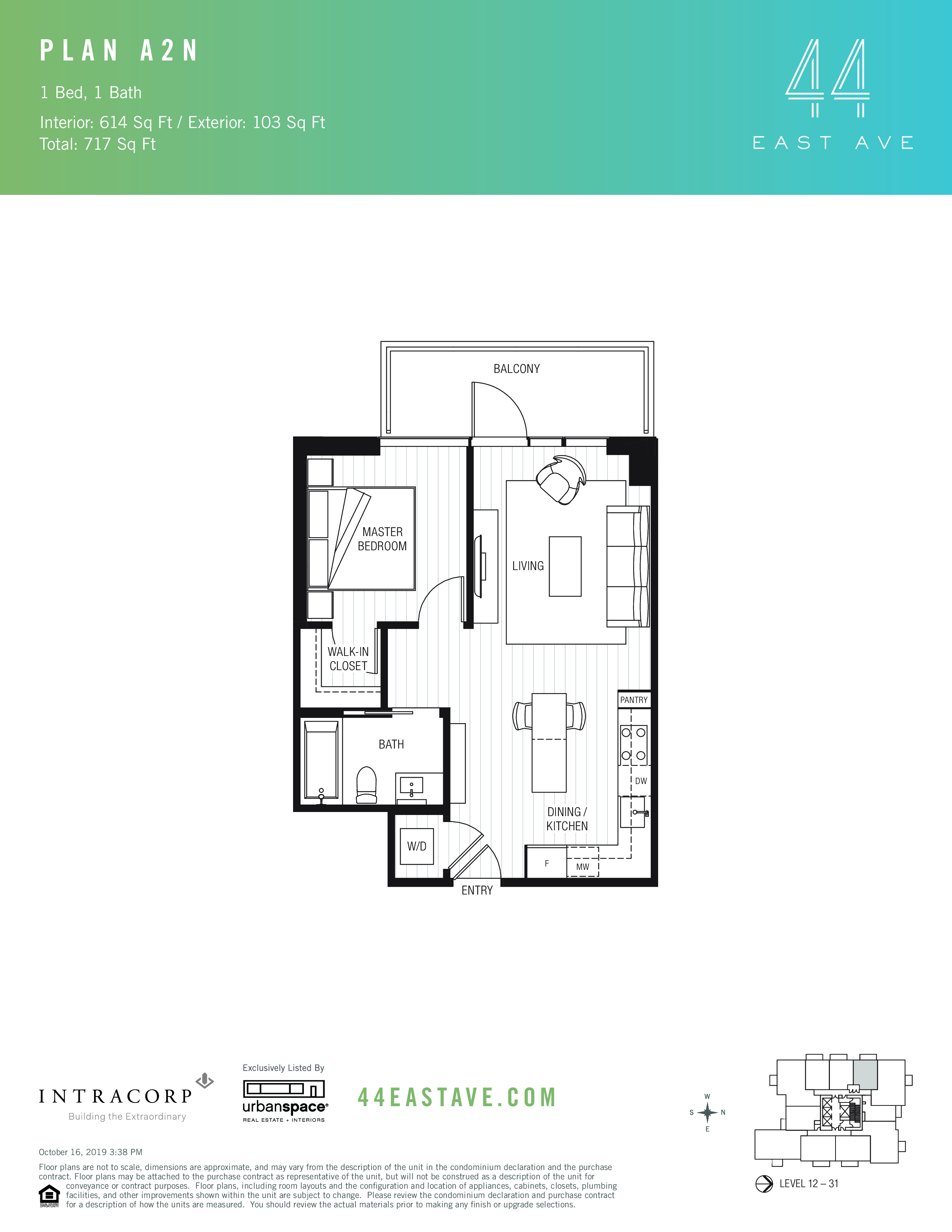 44 East A2N floor plan - 1 bed, 614 SF
