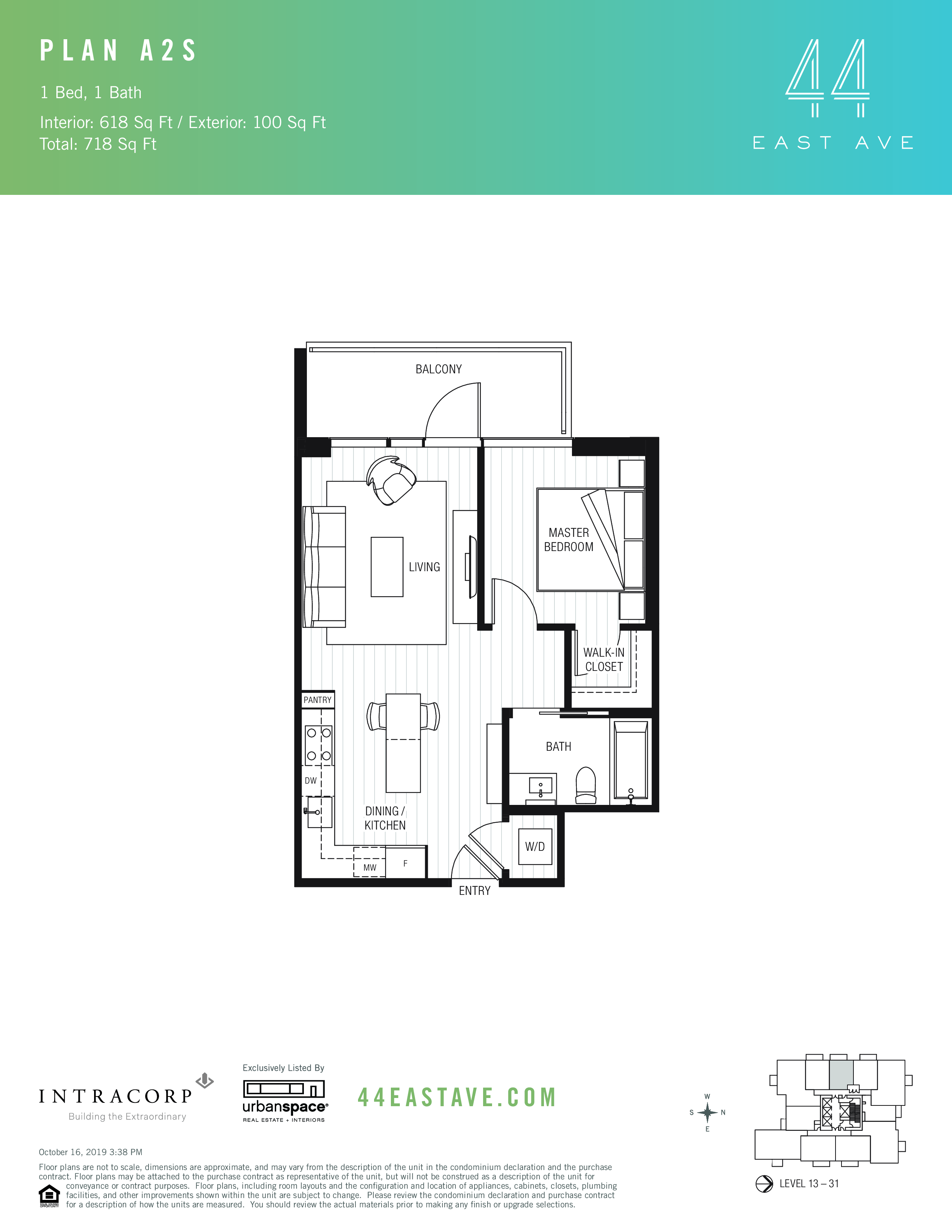 44 East A2S floor plan - 1 bed, 618 SF