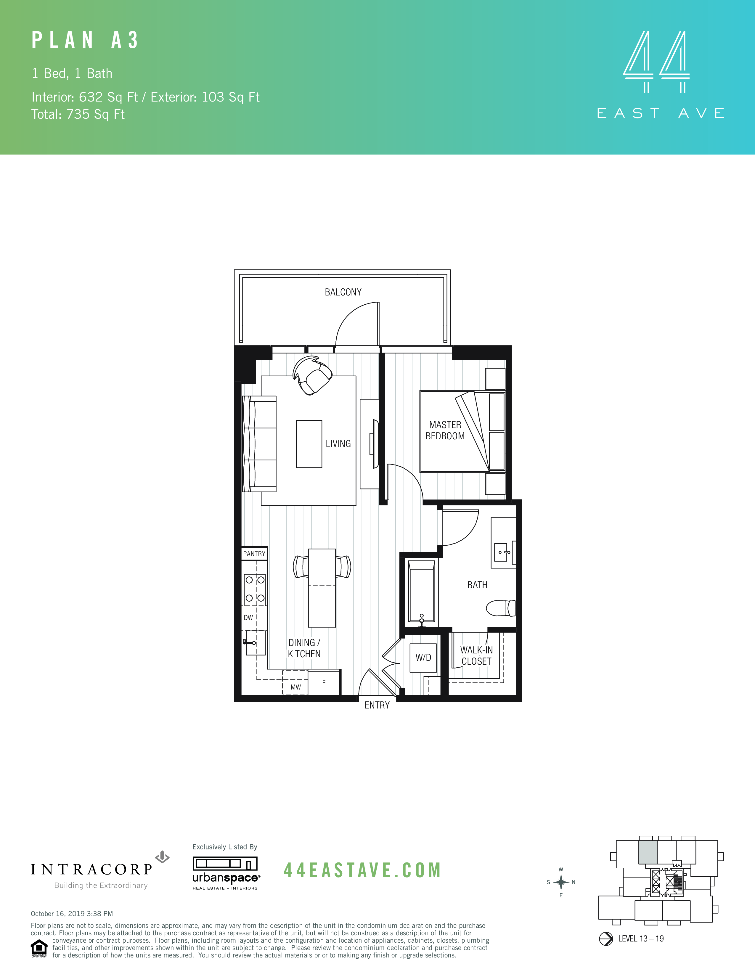 A3 floor plan — 1 bed, 632 SF