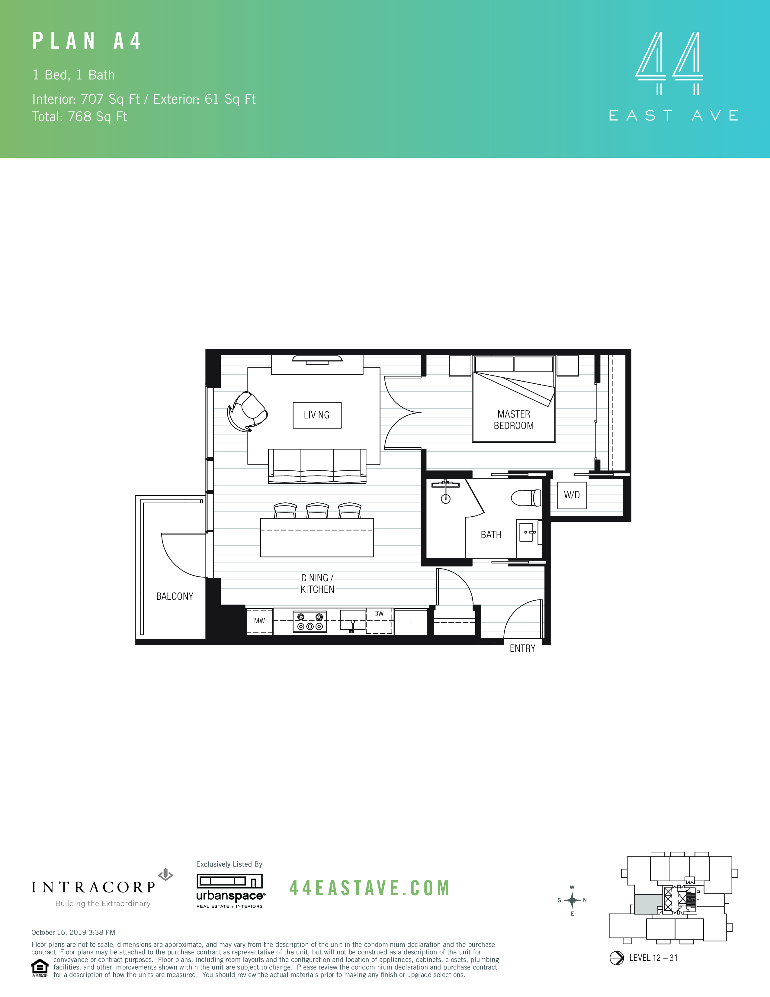 44 East A4 floor plan - 1 bed, 707 SF