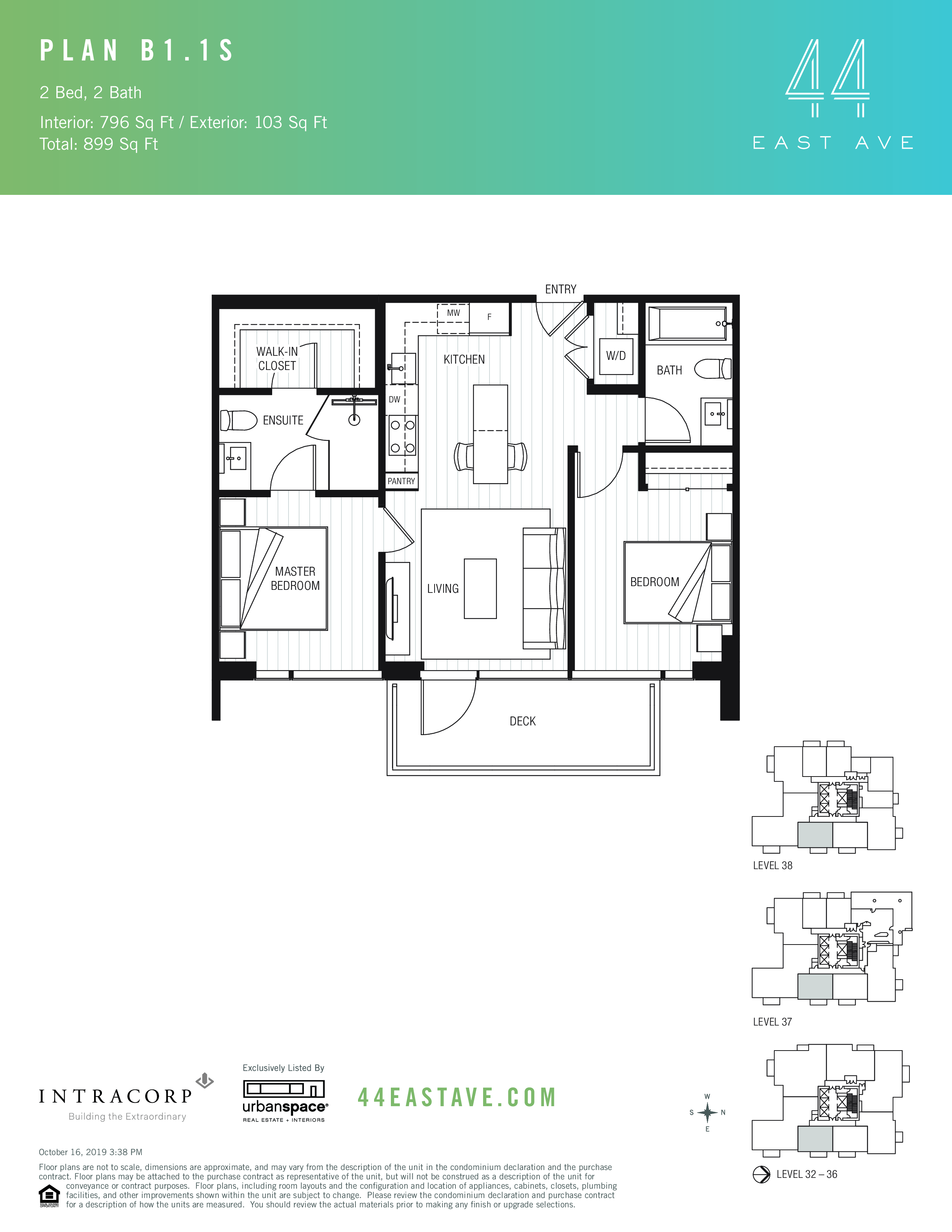 44 East B1.1S floor plan - 2 bed, 796 SF