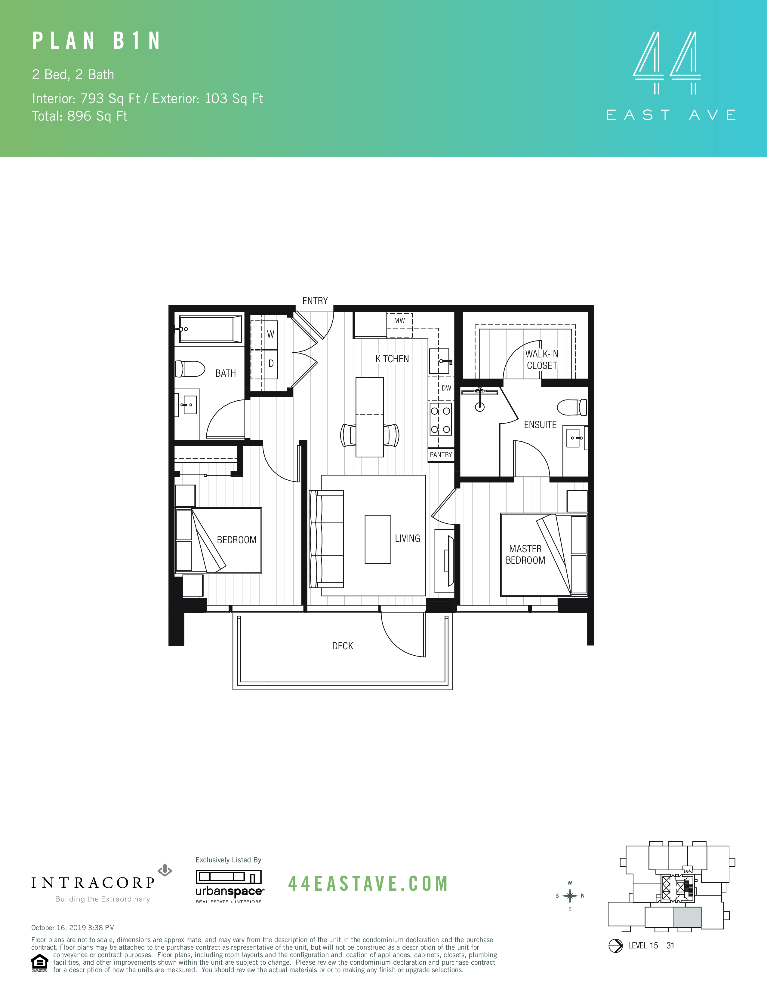 44 East B1N floor plan - 2 bed, 793 SF