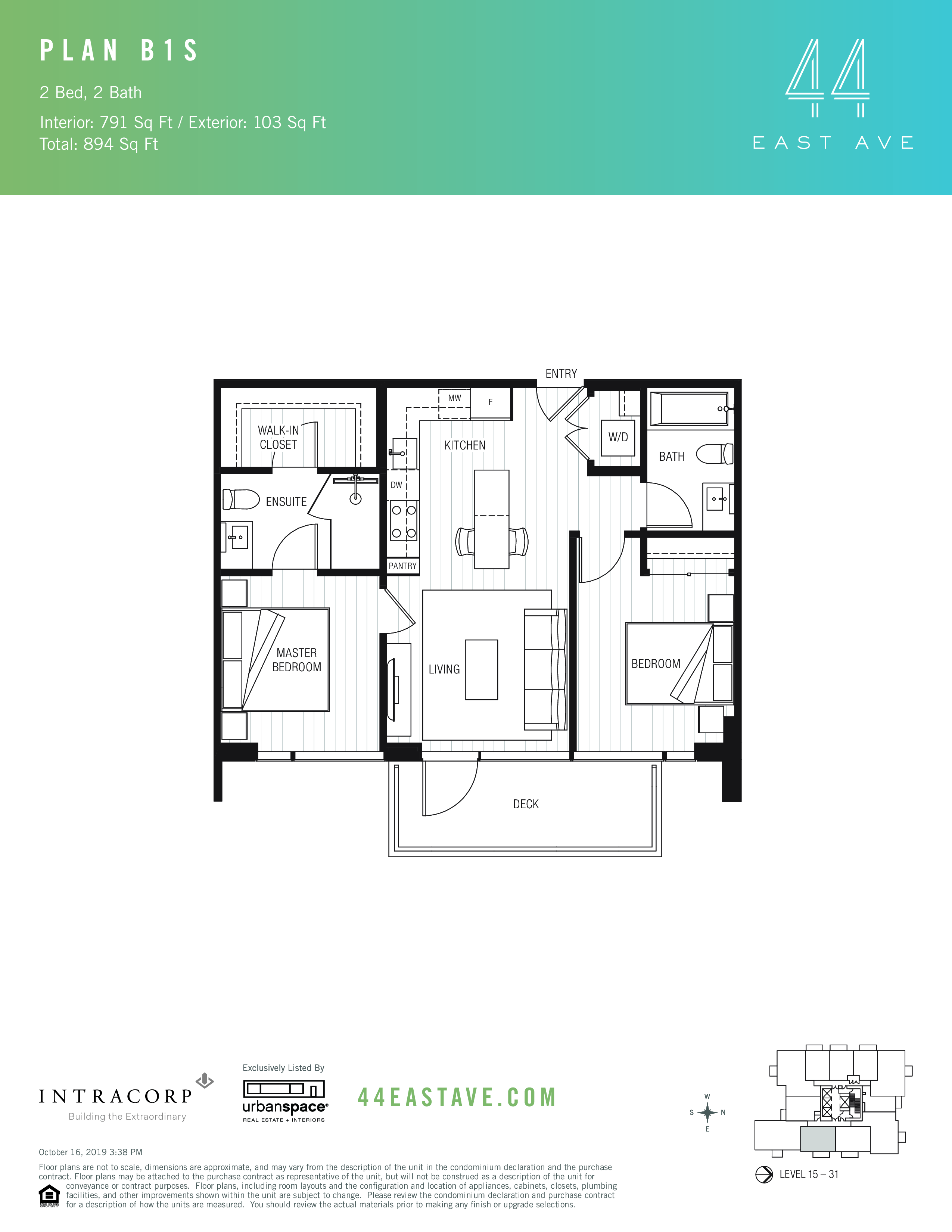 44 East B1S floor plan - 2 bed, 791 SF