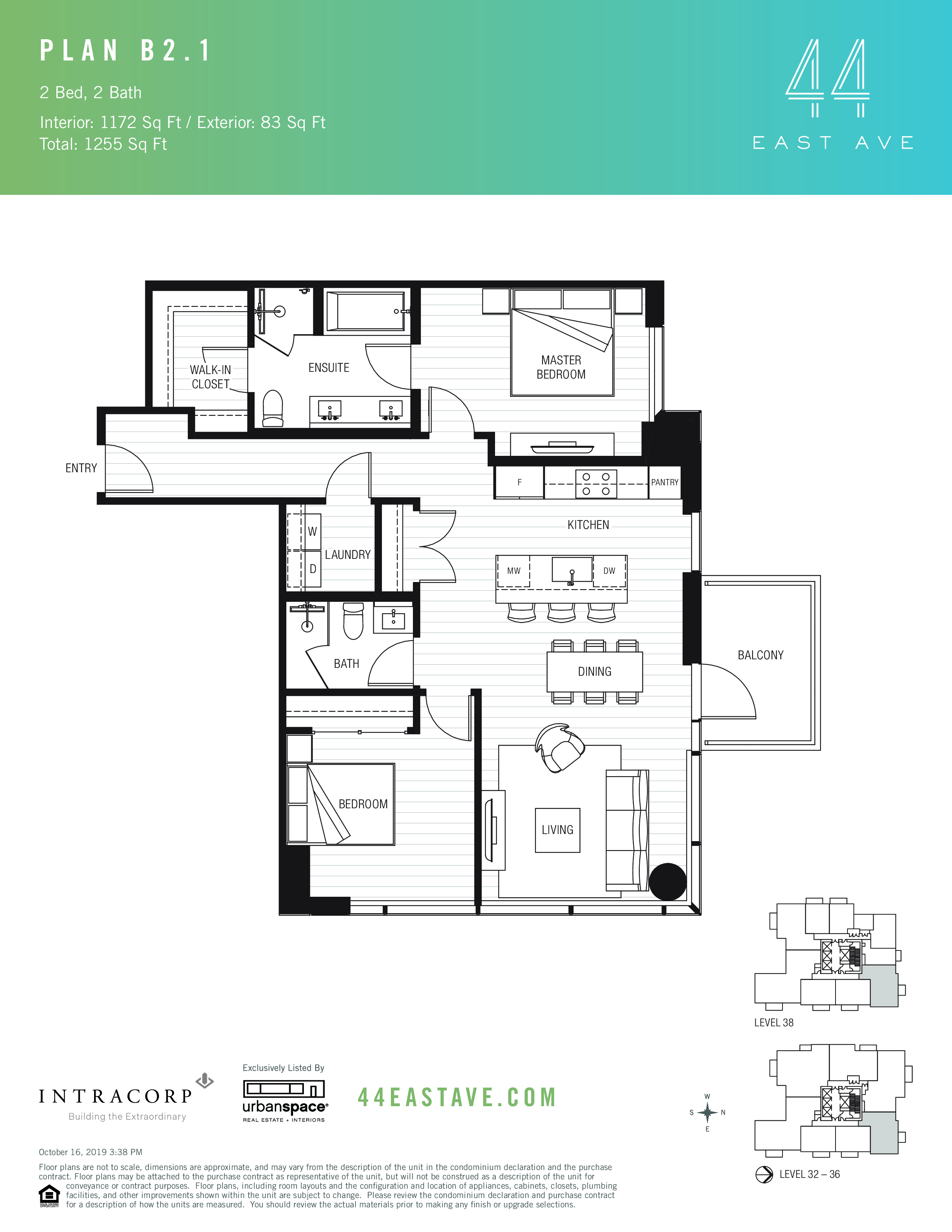 44 East B2.1 floor plan - 2 bed, 1172 SF