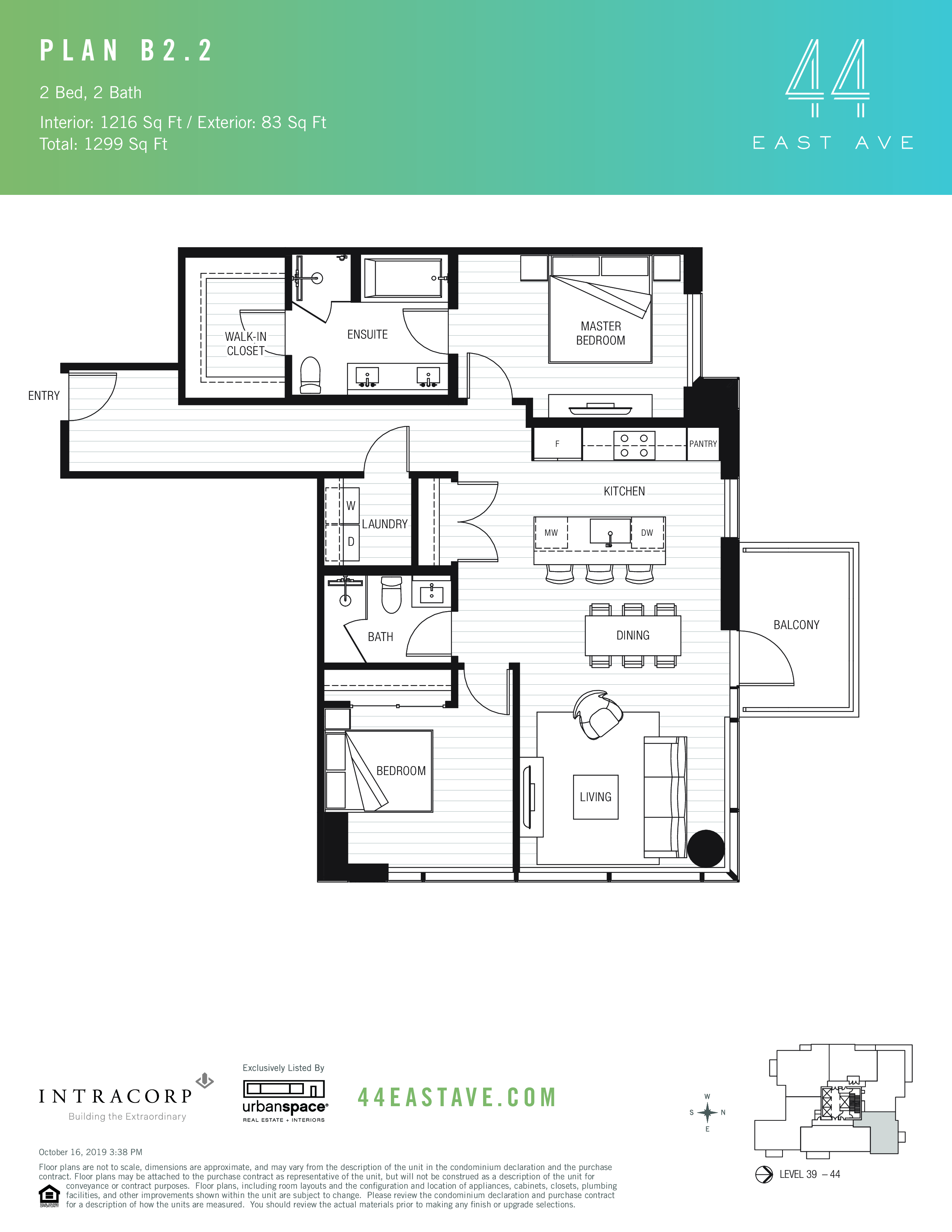 44 East B2.2 floor plan - 2 bed, 1216 SF