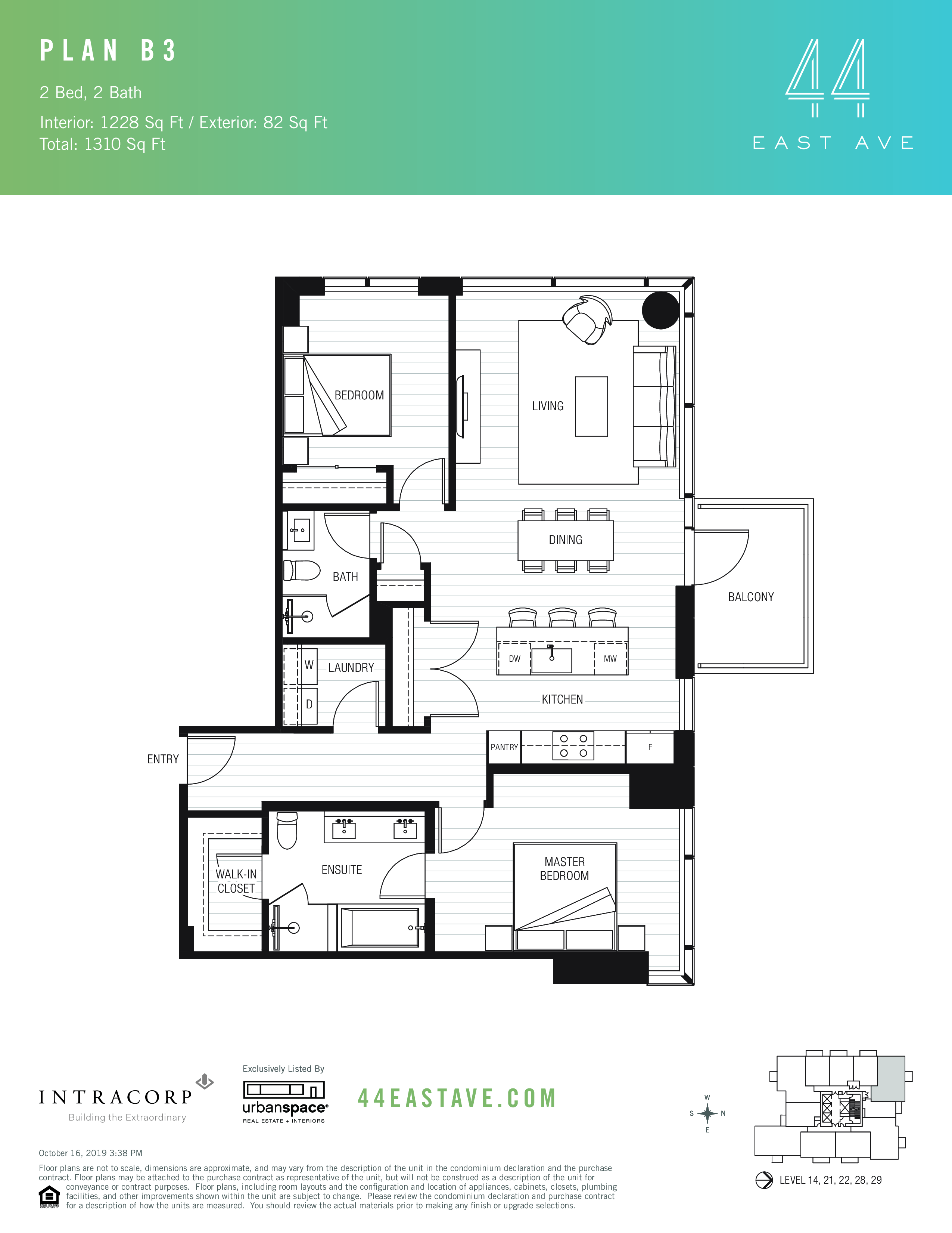 44 East B3 floor plan - 2 bed, 1228 SF
