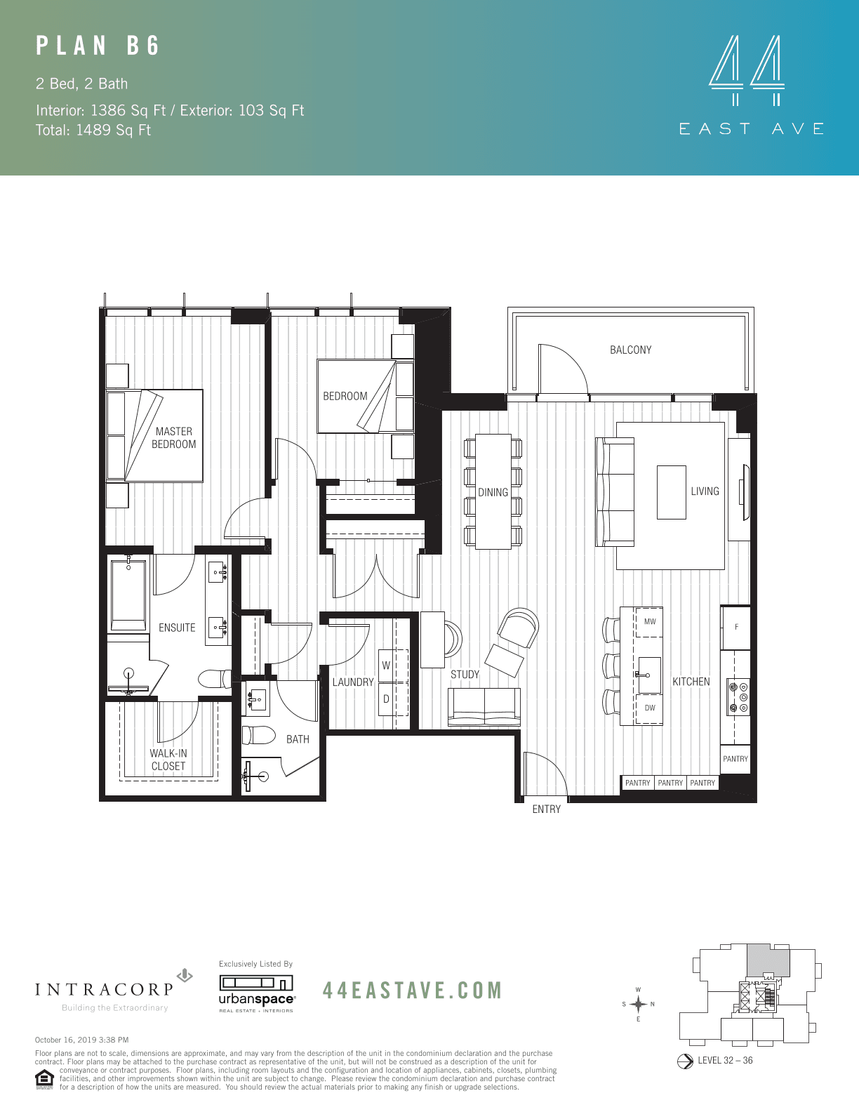 44 East B6 floor plan - 2 bed, 1386 SF