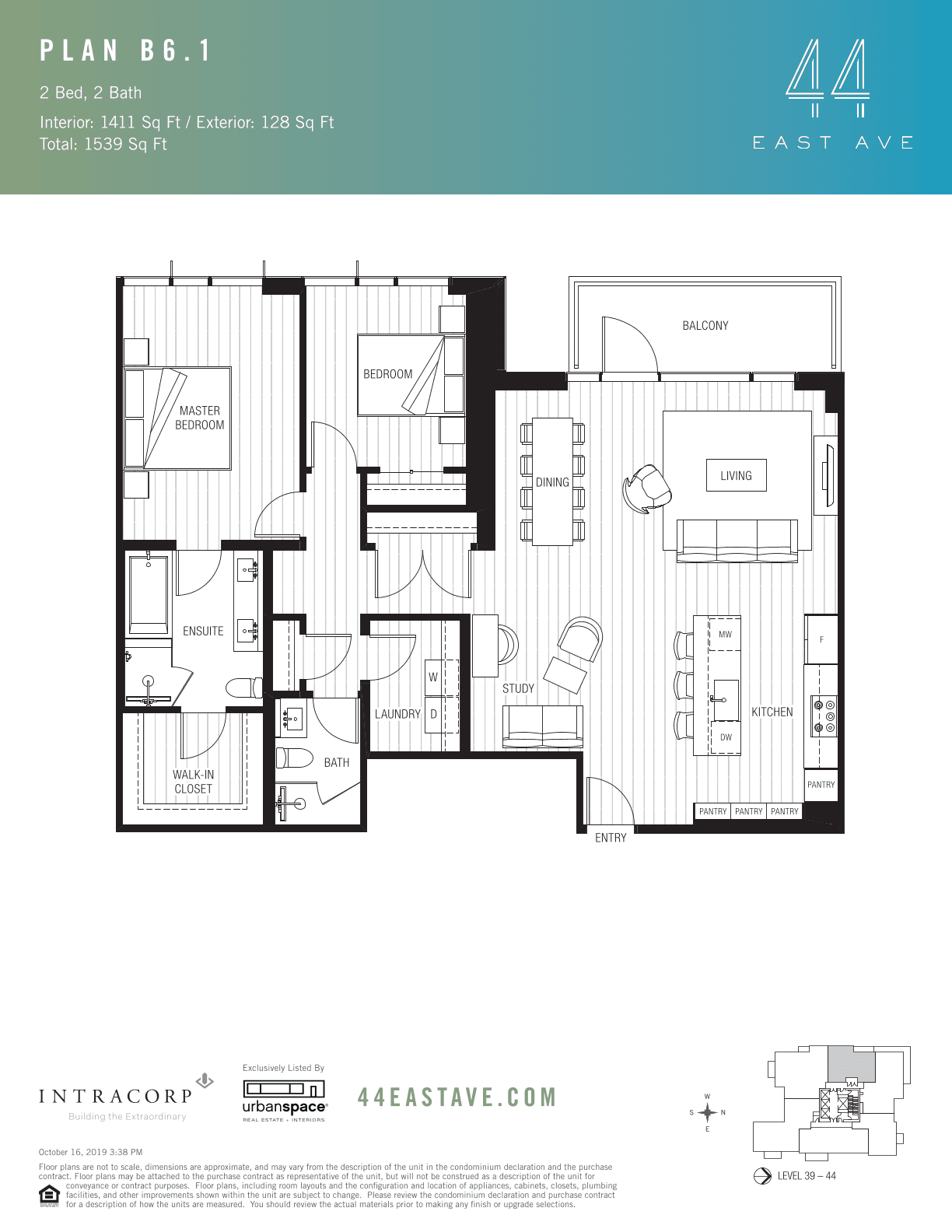 44 East B6.1 floor plan - 2 bed, 1411 SF