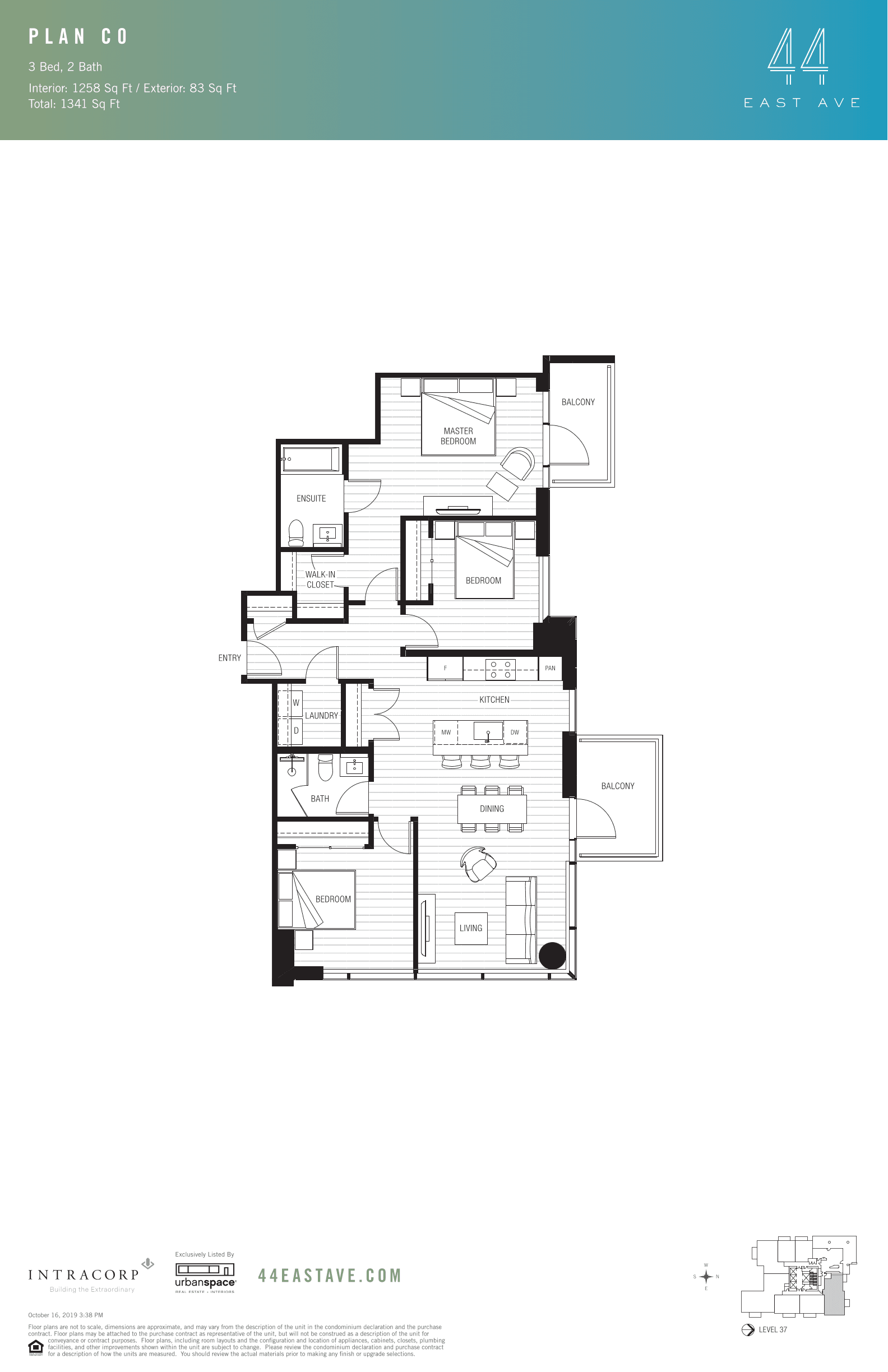 44 East C0 floor plan - 3 bed, 1258 SF