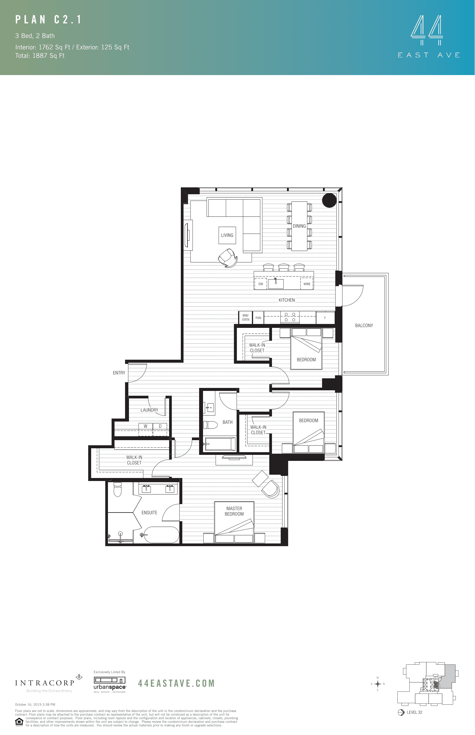 44 East C2.1 floor plan - 3 bed, 1762 SF