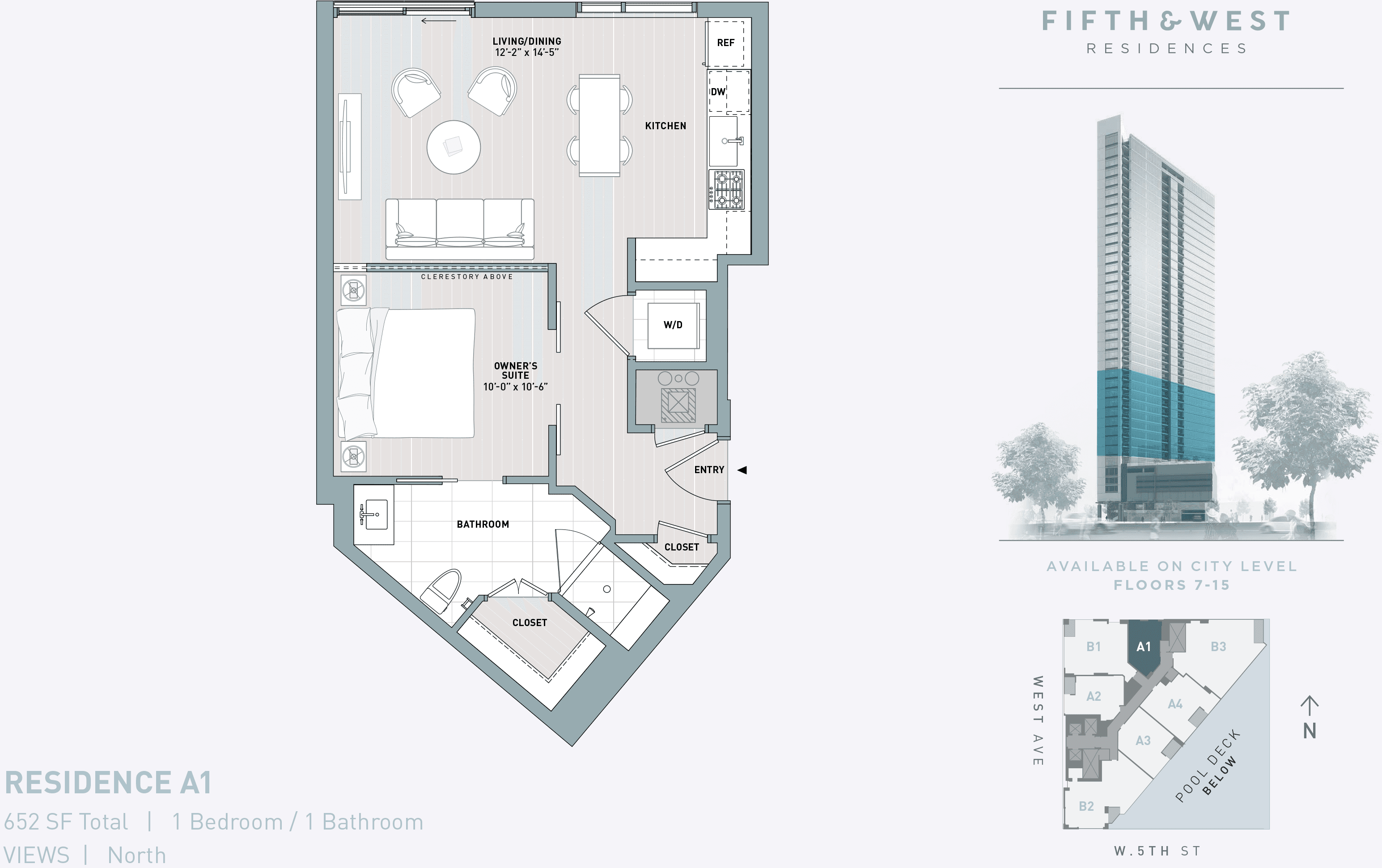 A1 floor plan — 1 bed, 652 SF