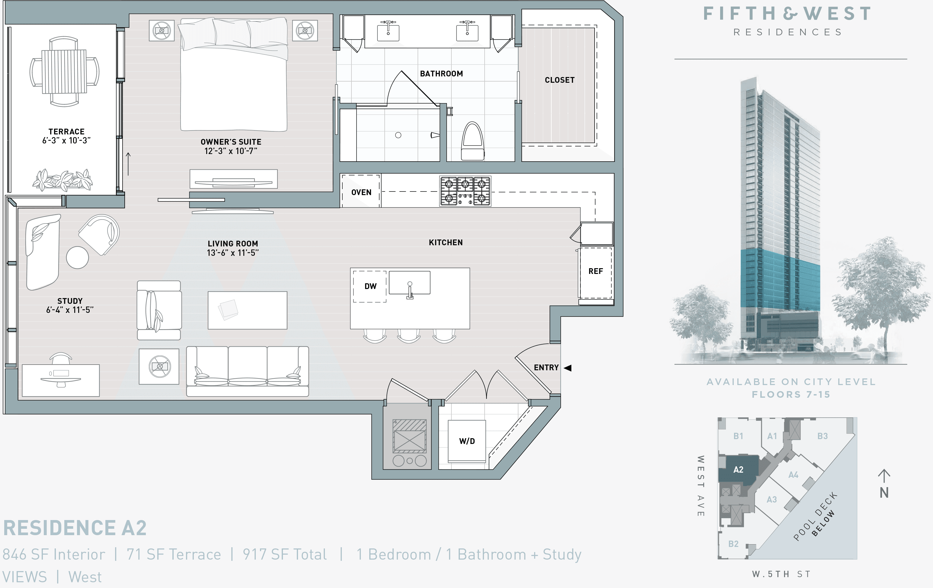A2 floor plan — 1 bed, 846 SF