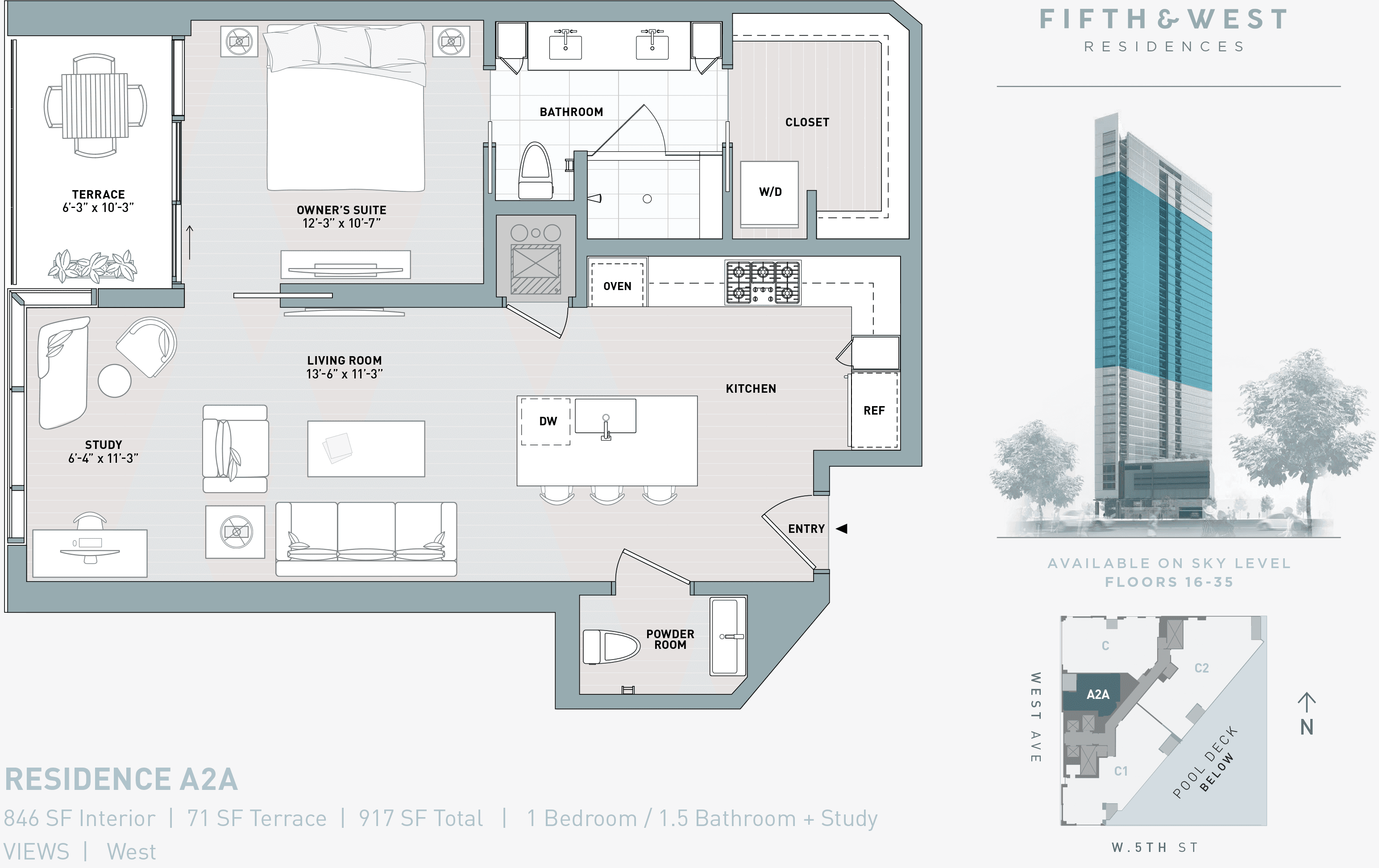 5th & West A2A floor plan - 1 bed, 846 SF
