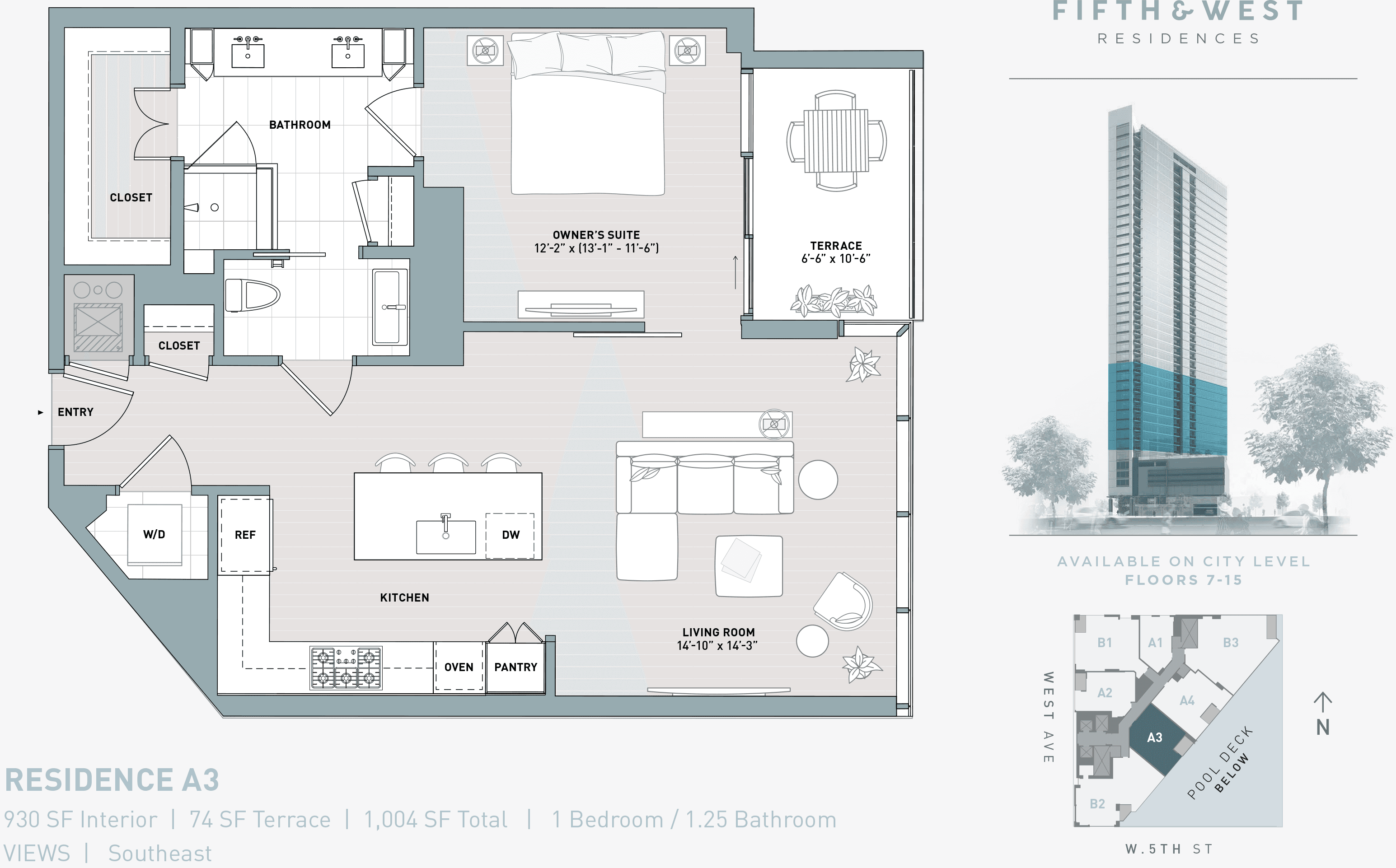 A3 floor plan — 1 bed, 930 SF