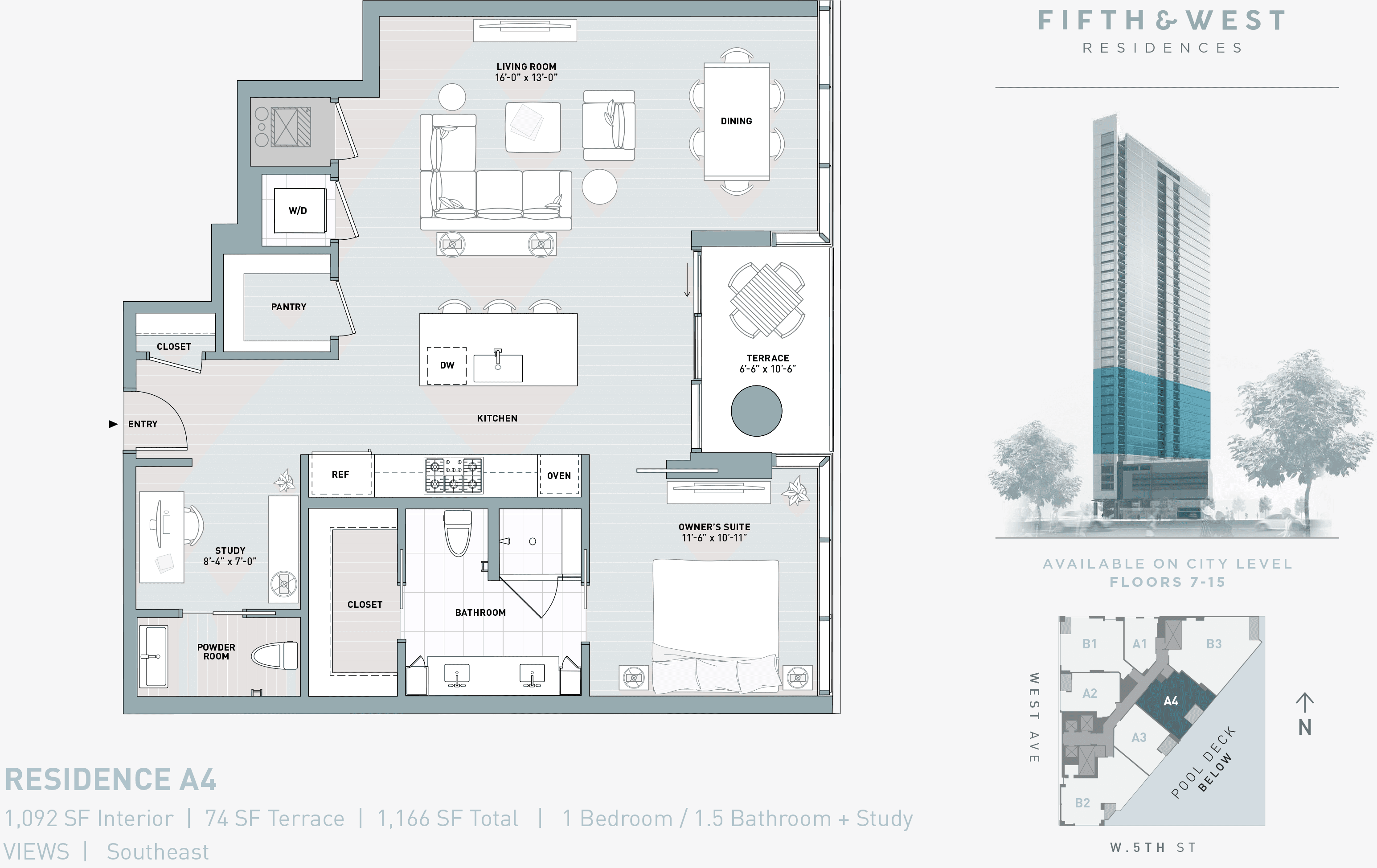 5th & West A4 floor plan - 1 bed, 1092 SF