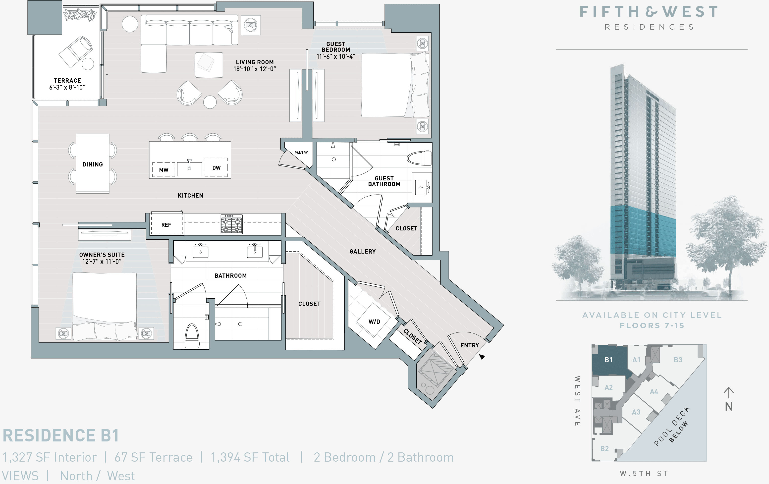 B1 floor plan — 2 bed, 1327 SF