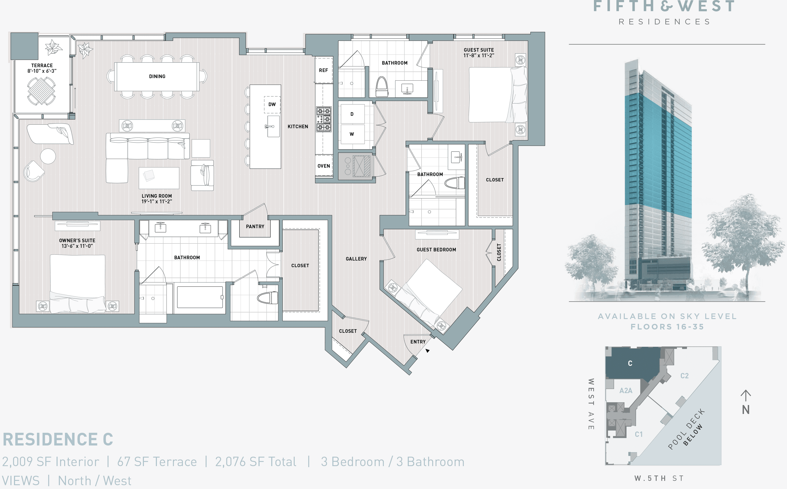 5th & West C floor plan - 3 bed, 2009 SF