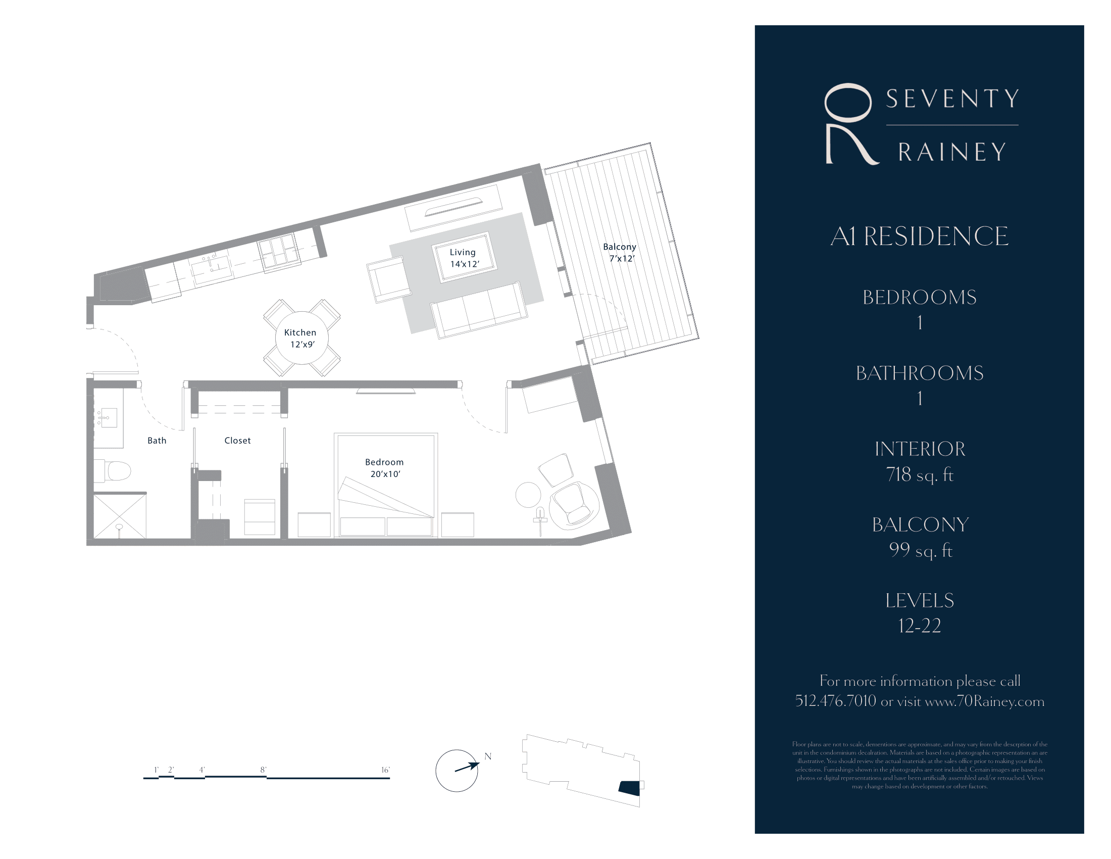 A1 floor plan — 1 bed, 718 SF