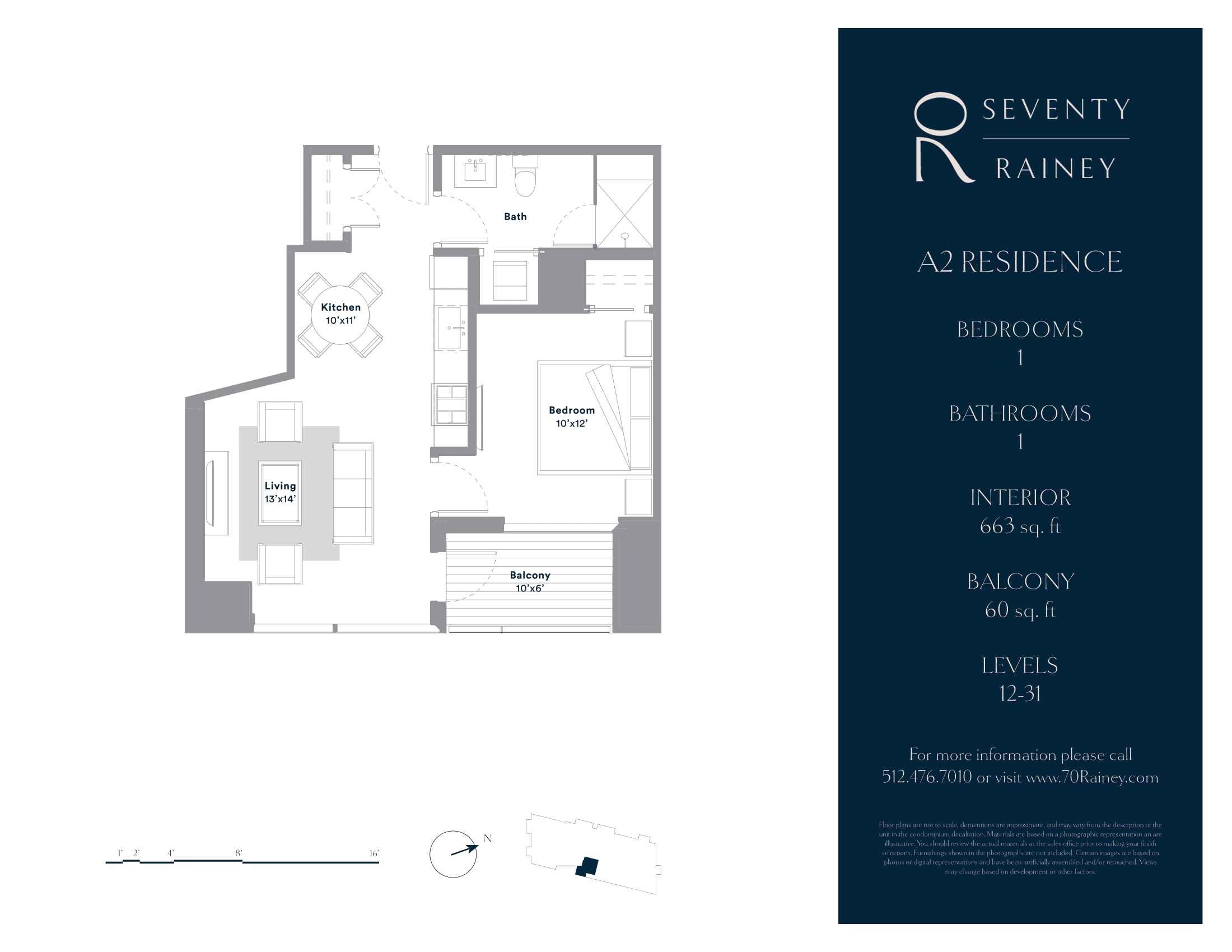 A2 floor plan — 1 bed, 663 SF