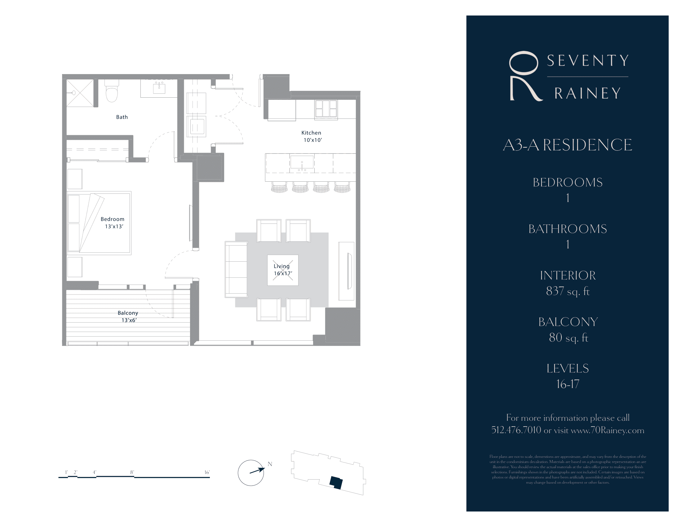 70 Rainey A3 - A floor plan - 1 bed, 837 SF