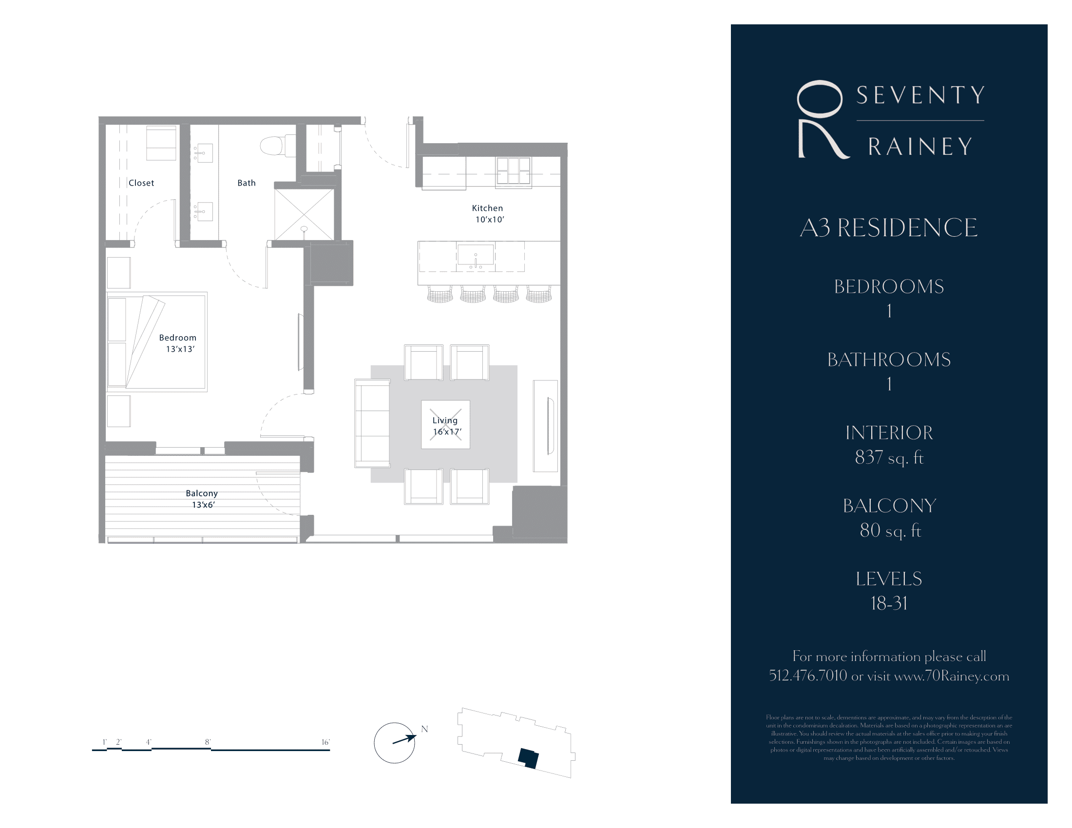 A3 floor plan — 1 bed, 837 SF