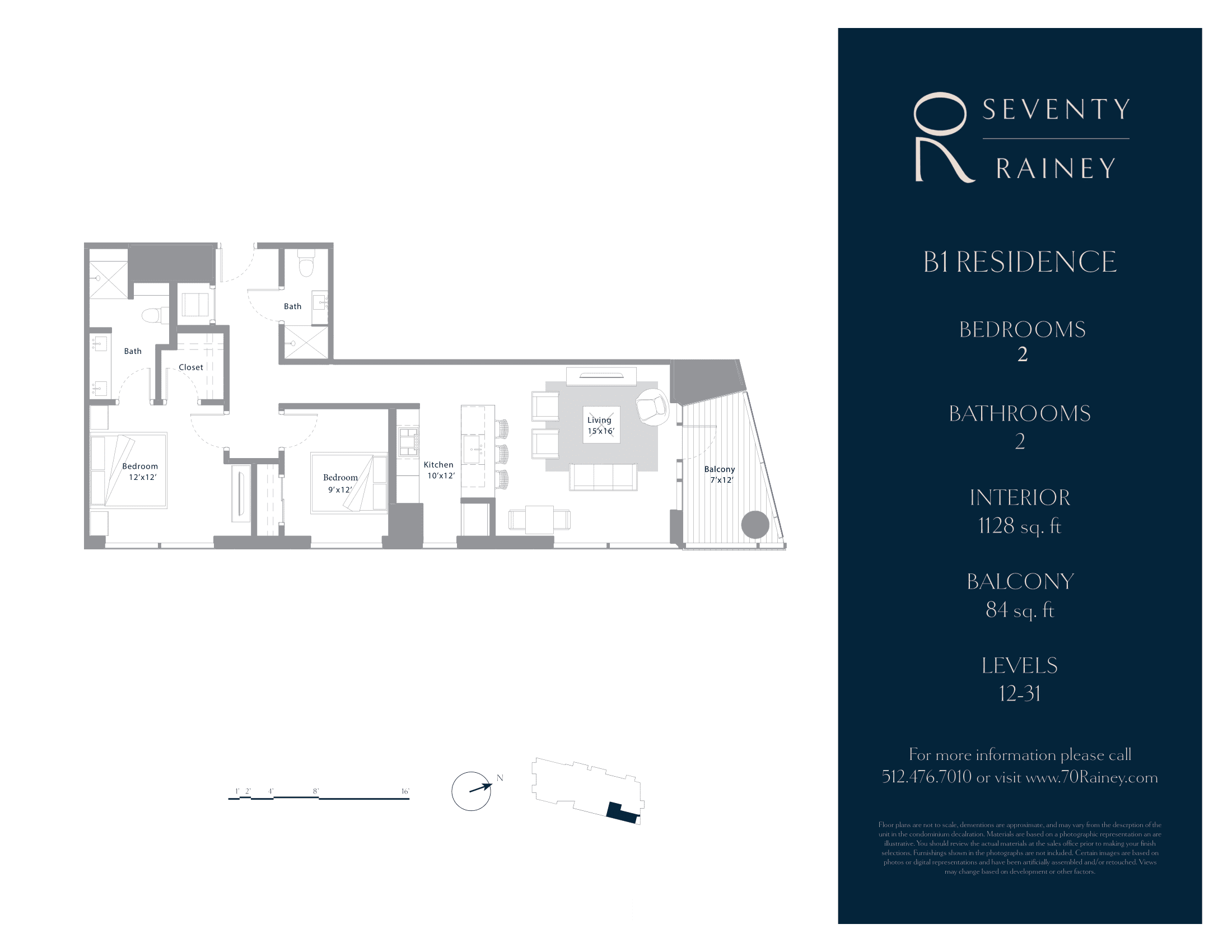 B1 floor plan — 2 bed, 1128 SF