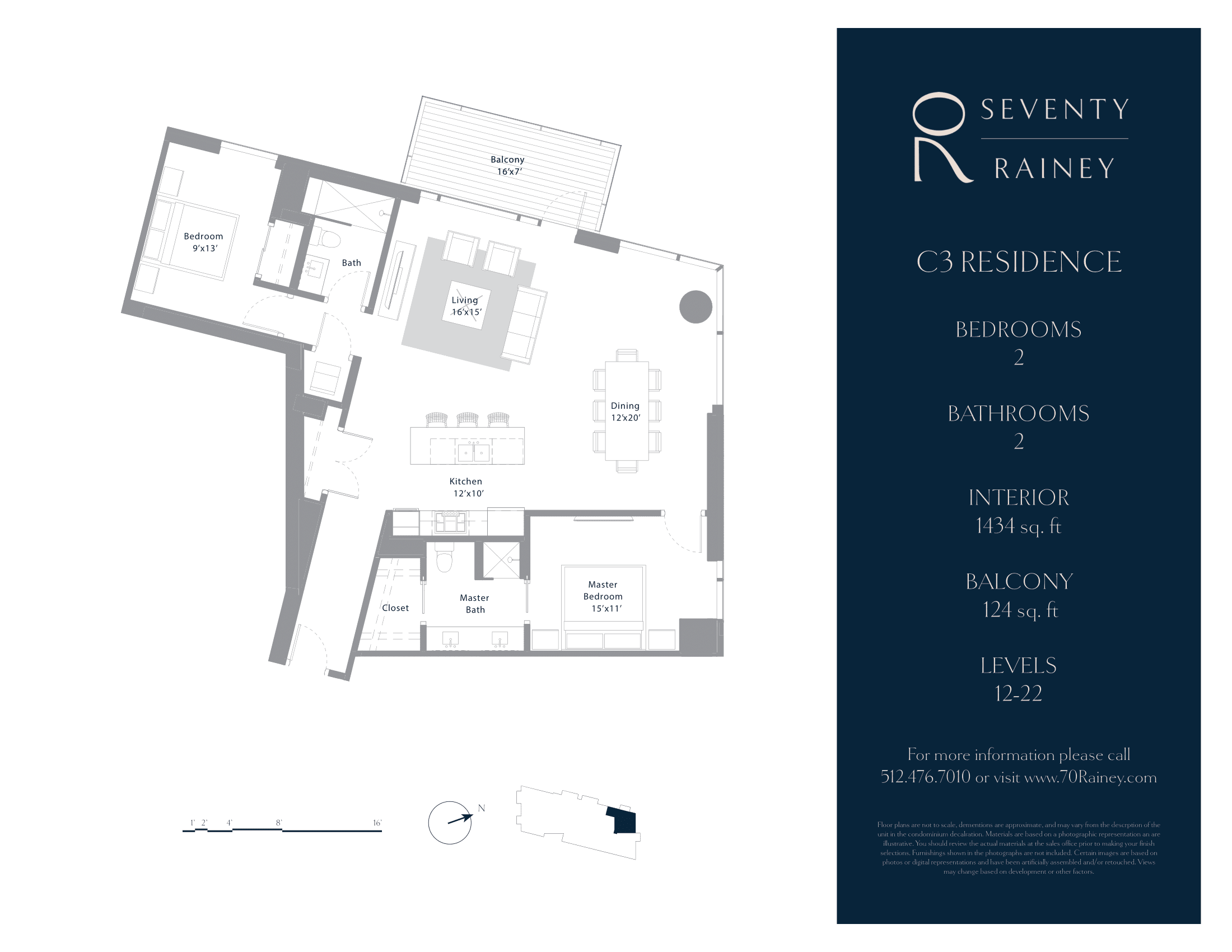 C3 floor plan — 2 bed, 1434 SF