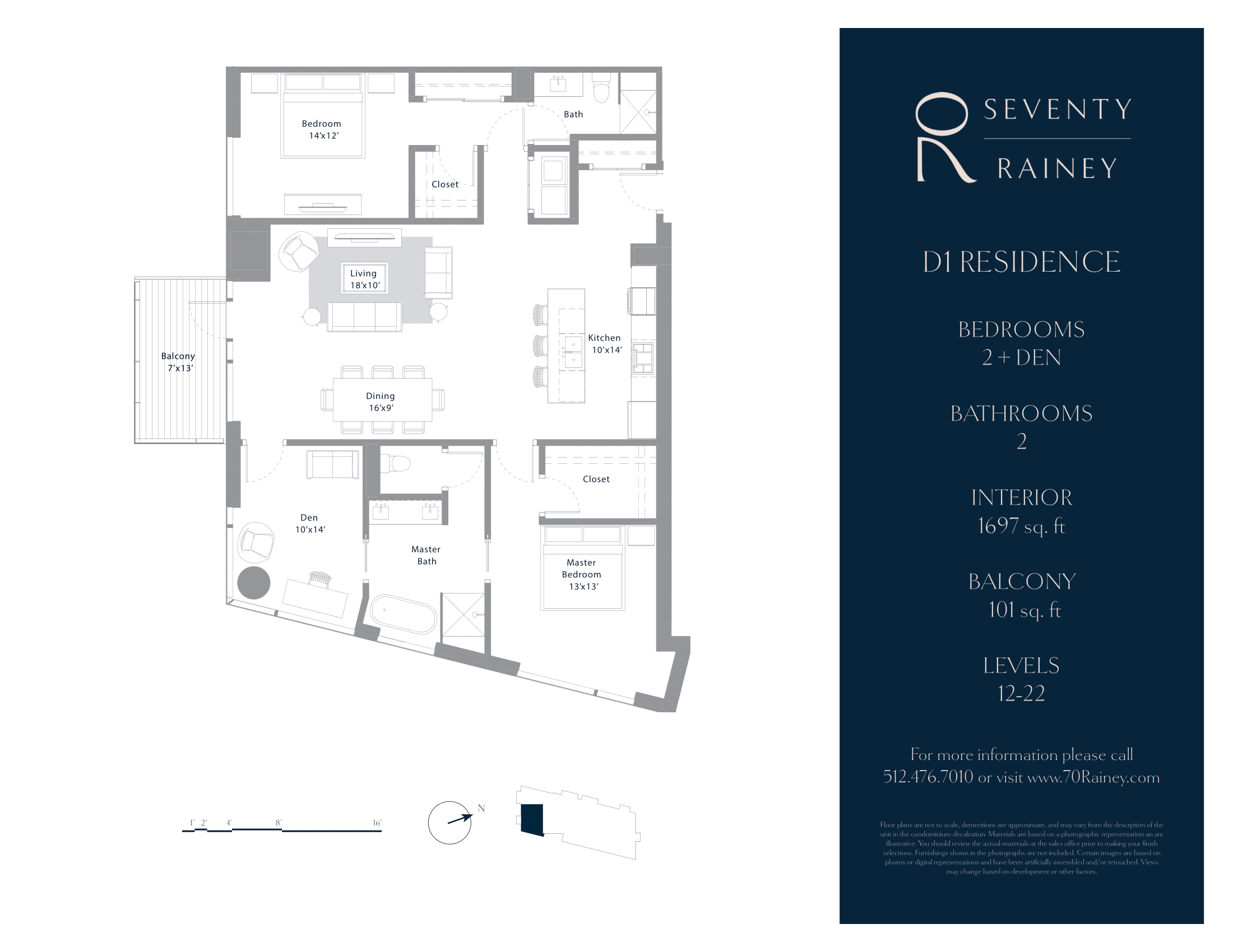 70 Rainey D1 floor plan - 2 bed, 1697 SF