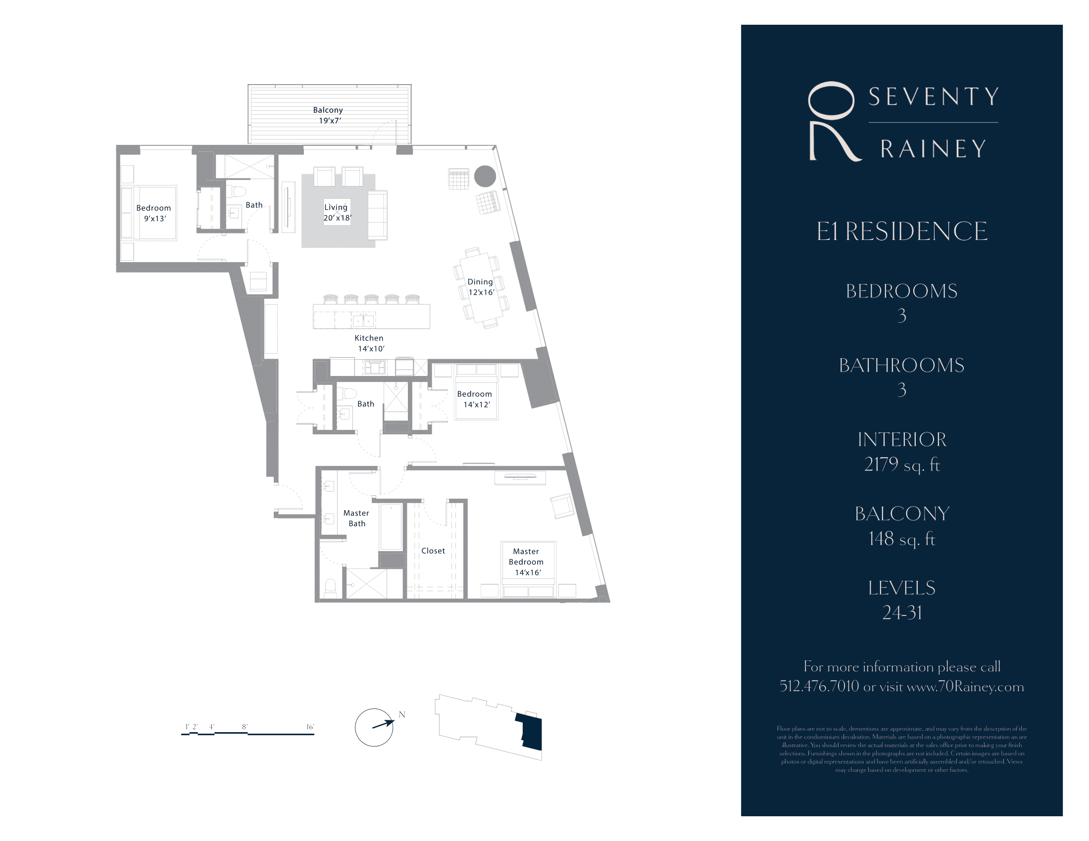 70 Rainey E1 floor plan - 3 bed, 2179 SF