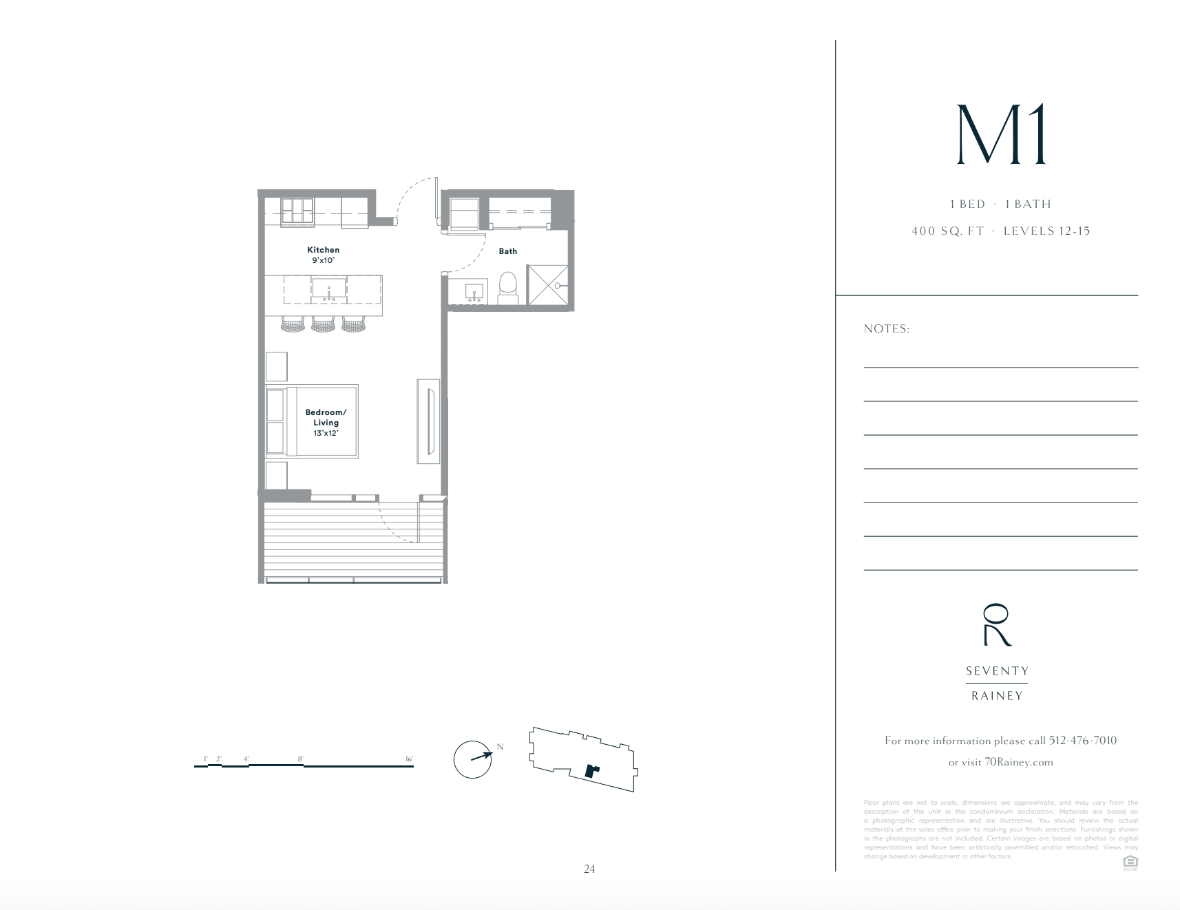 70 Rainey M1 floor plan - 1 bed, 400 SF