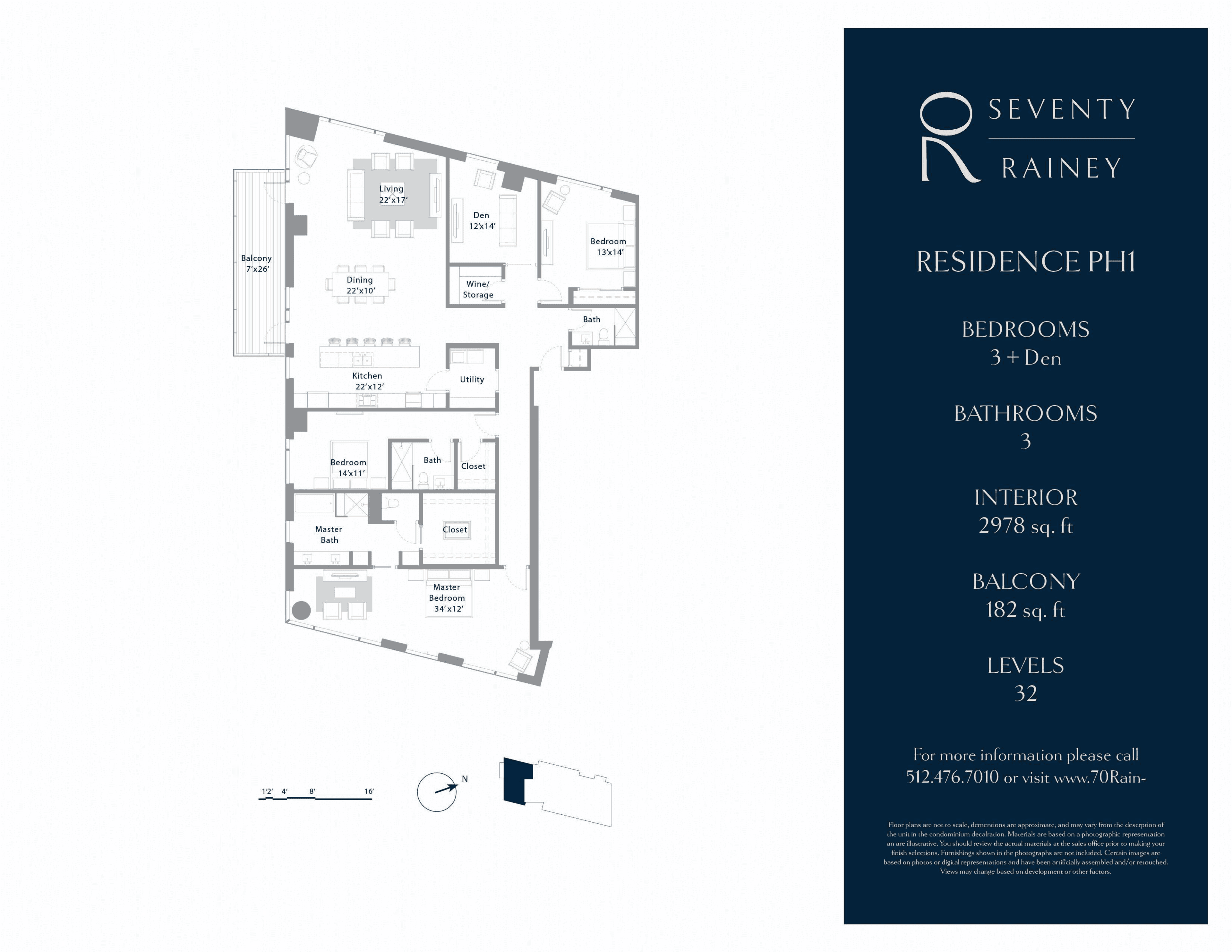 70 Rainey PH1 floor plan - 3 bed, 2978 SF