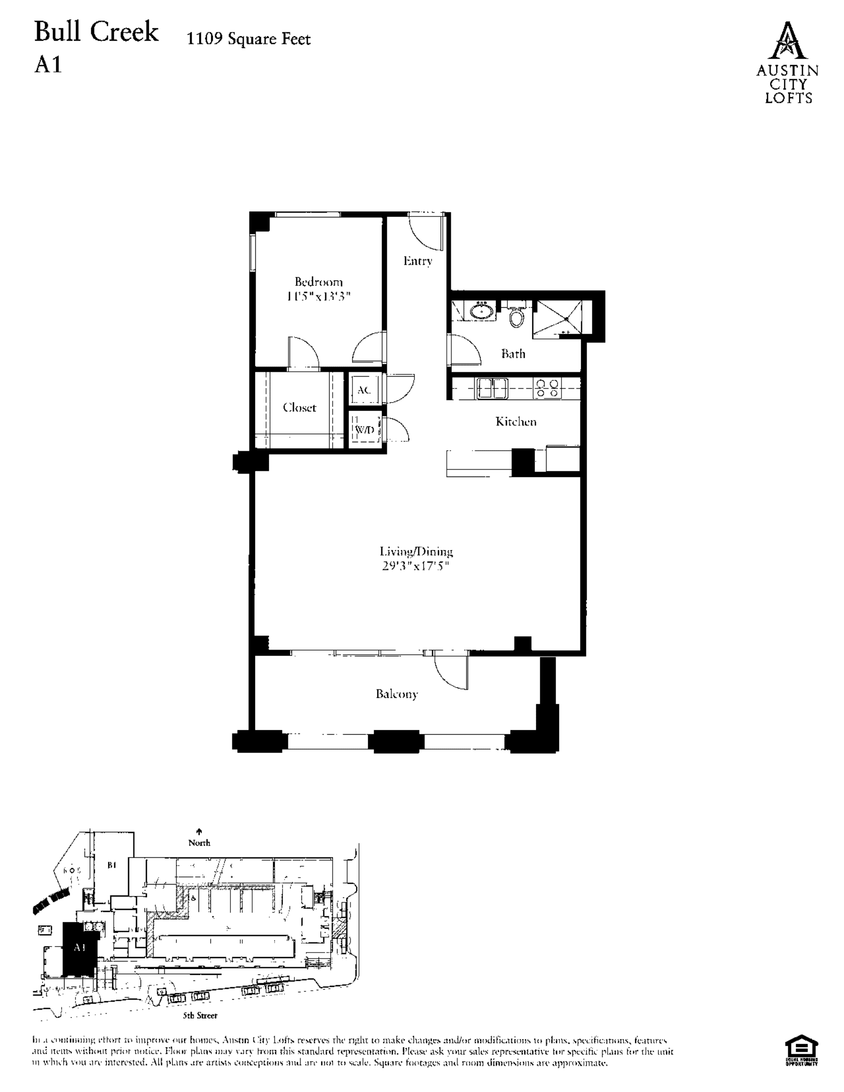 Austin City Lofts A1 – BULL CREEK floor plan - 1 bed, 1109 SF
