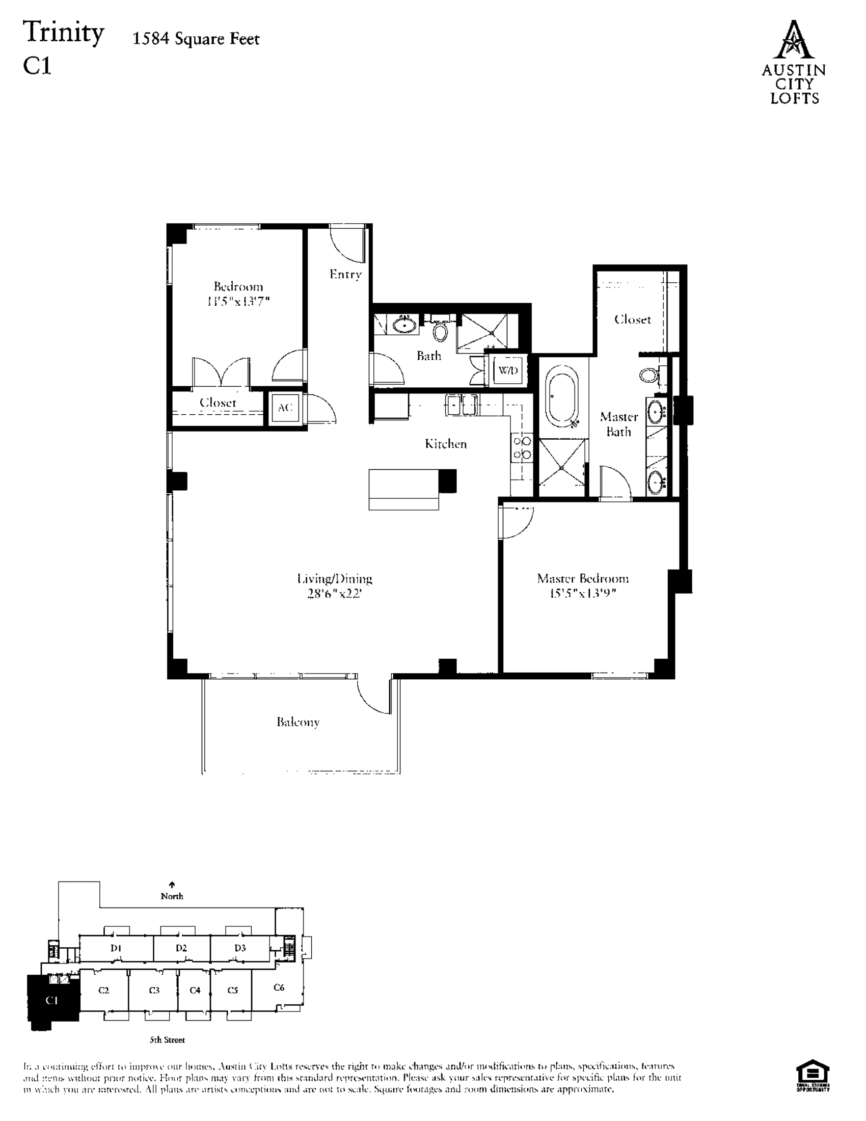 Austin City Lofts C1 – TRINITY floor plan - 2 bed, 1584 SF