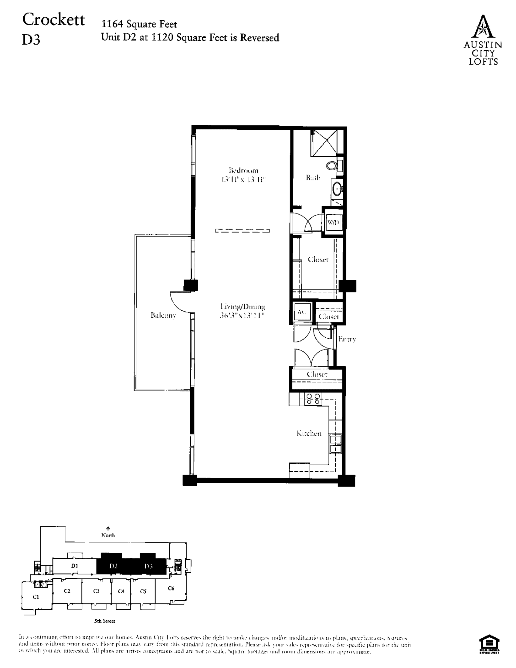 Austin City Lofts D3 – CROCKETT floor plan - 1 bed, 1164 SF