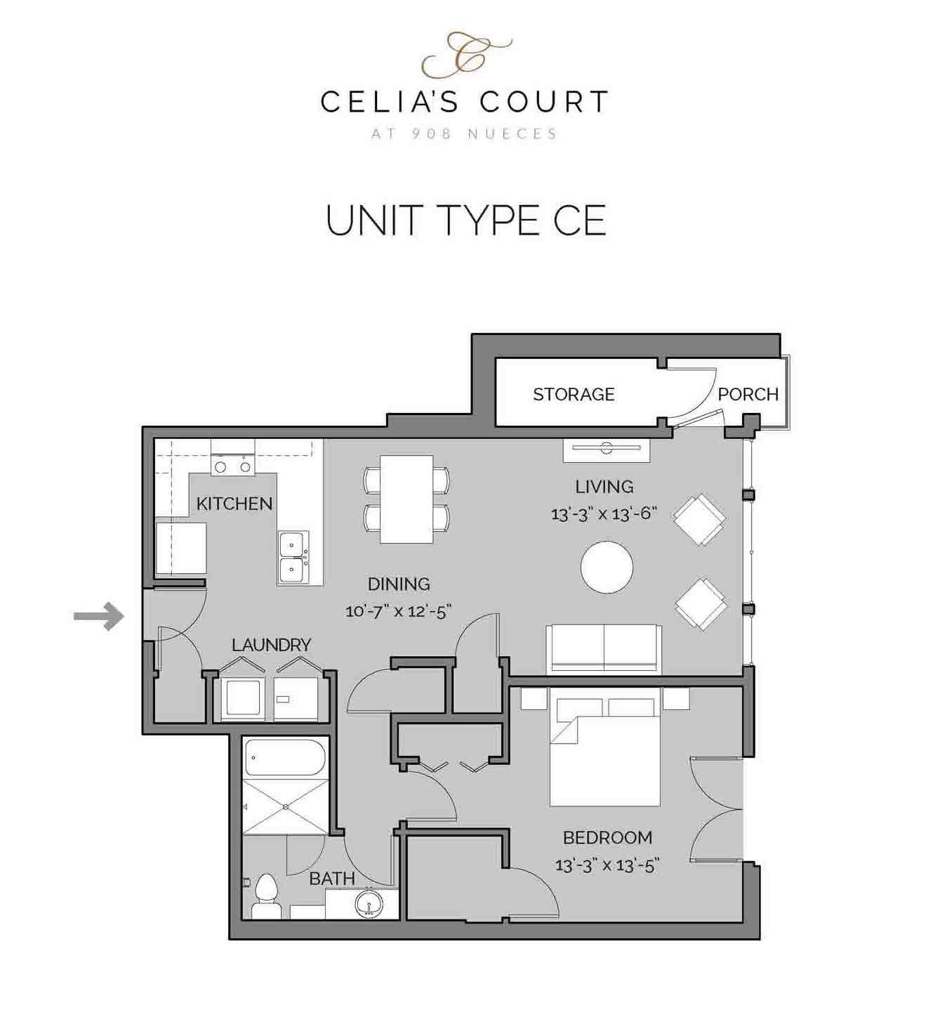 Celia's Court CE floor plan - 1 bed, 935 SF